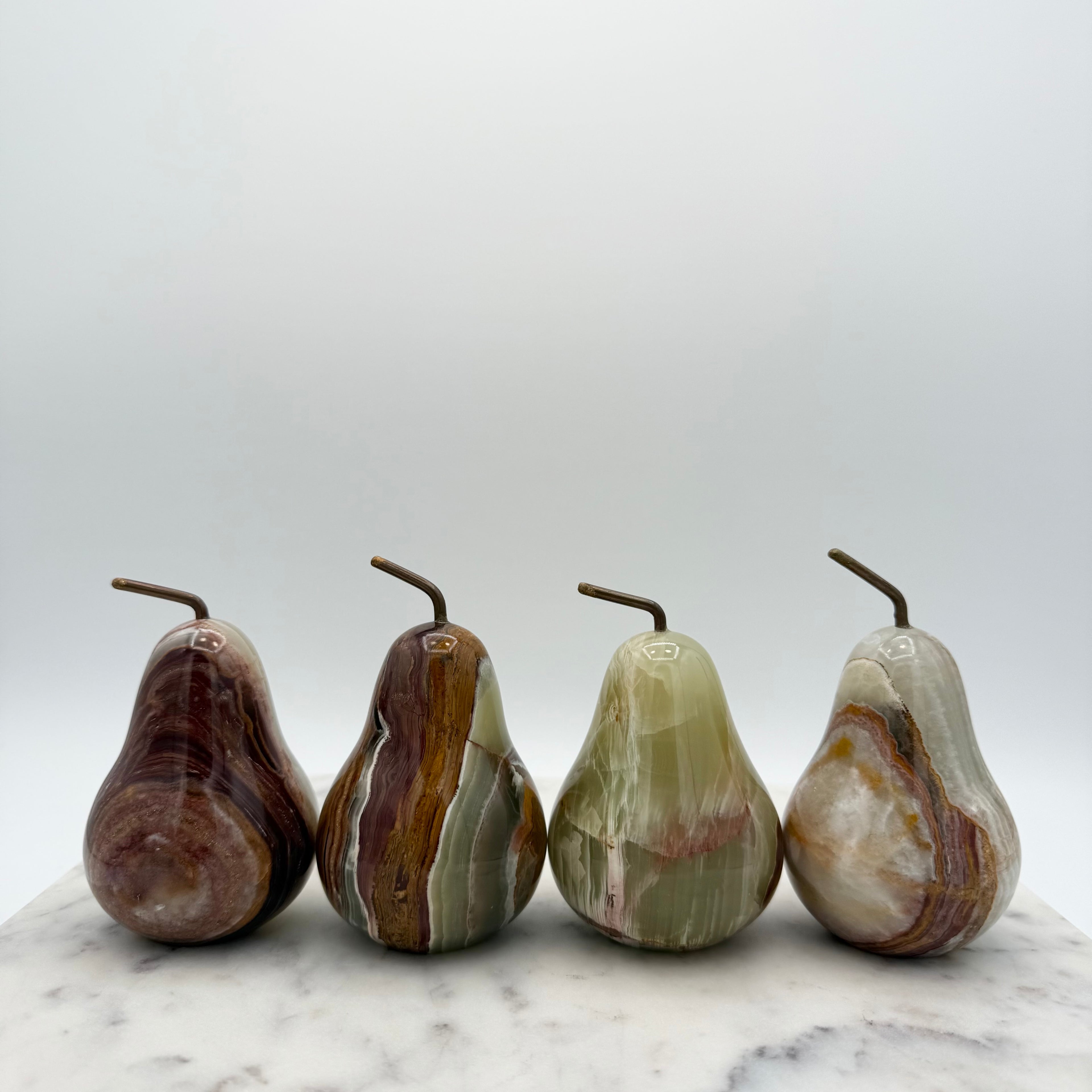 Vintage Alabaster Pears With Brass Stems, Set of Four