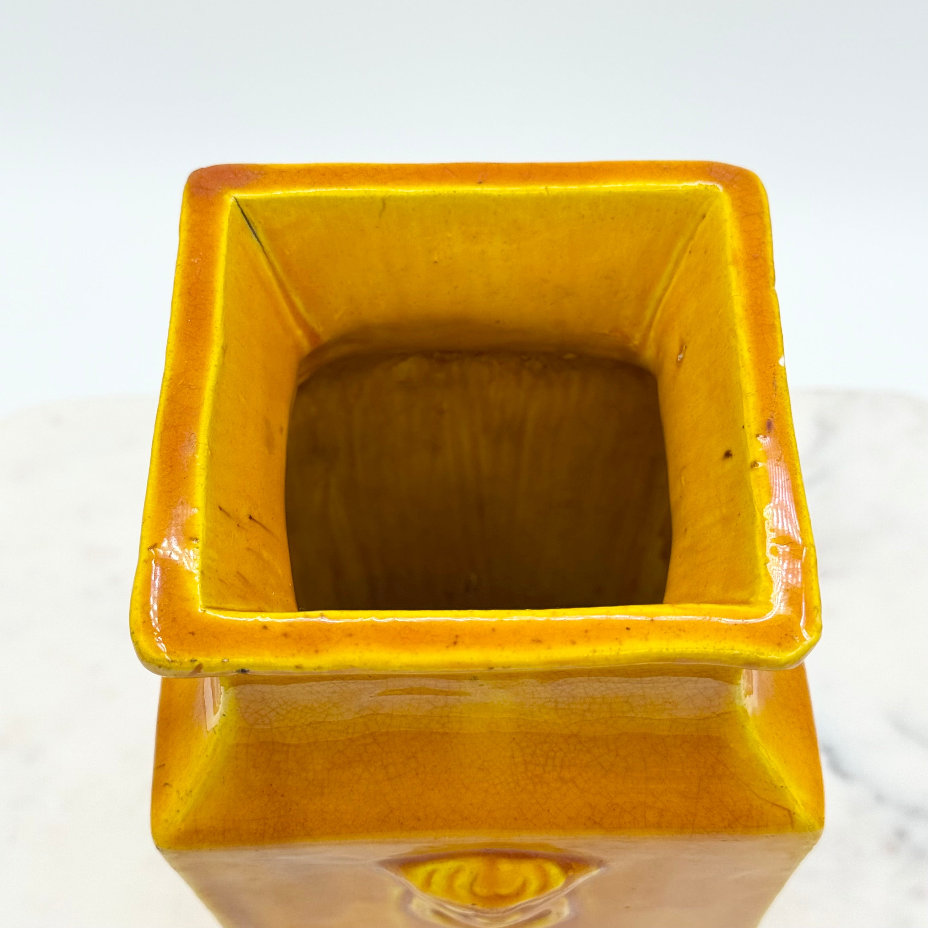 Vintage Japanese Hand Made Yellow Pottery Fu Dog Vase, Marked