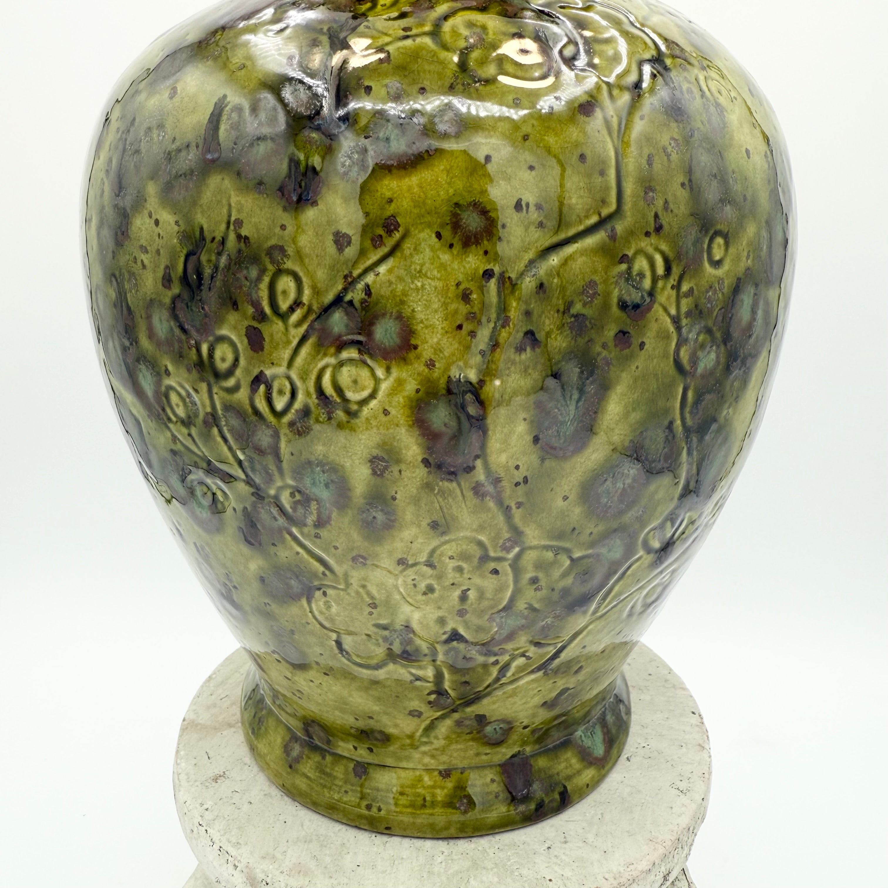 Studio Pottery Green Glazed Ceramic Ginger Jar Signed “BB” – Plum Blossom Motif