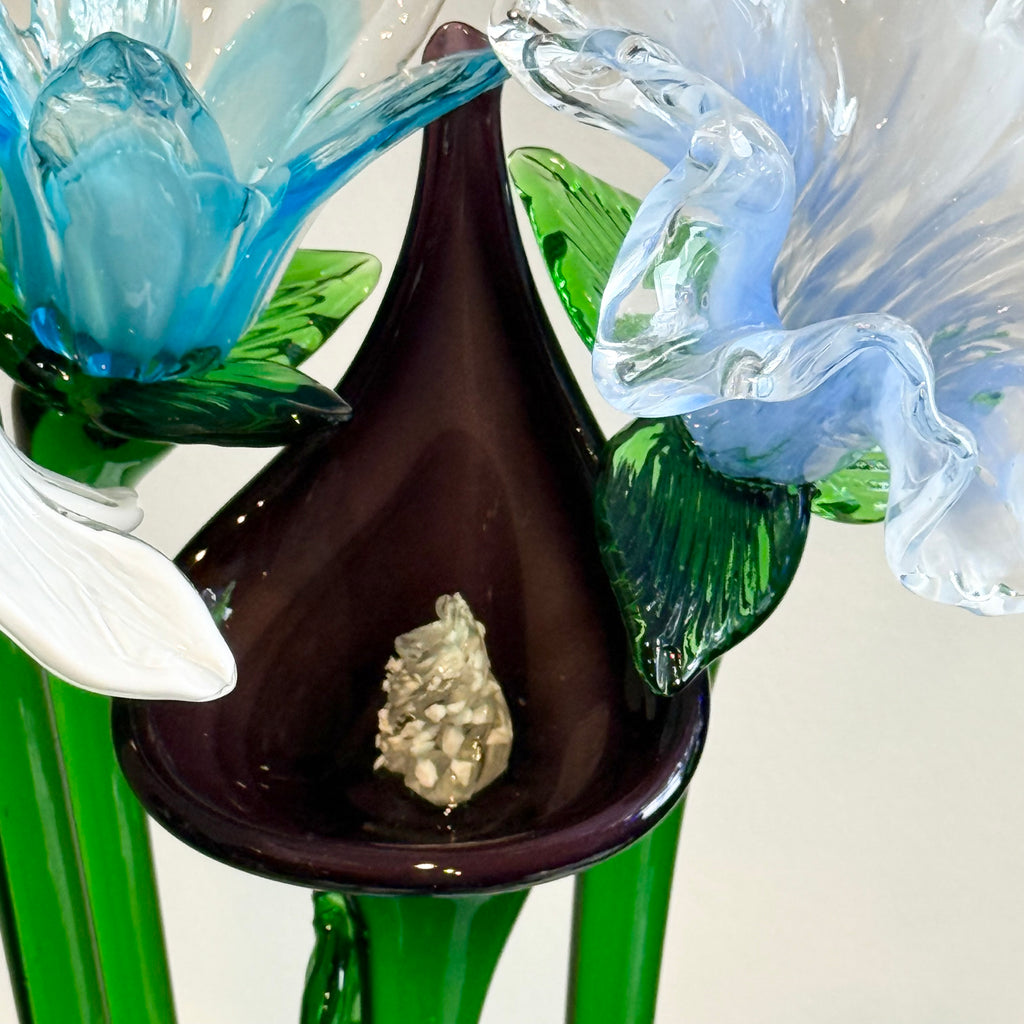 Set of 12 Hand Blown Long Stem Murano Glass Flowers, Made in Italy