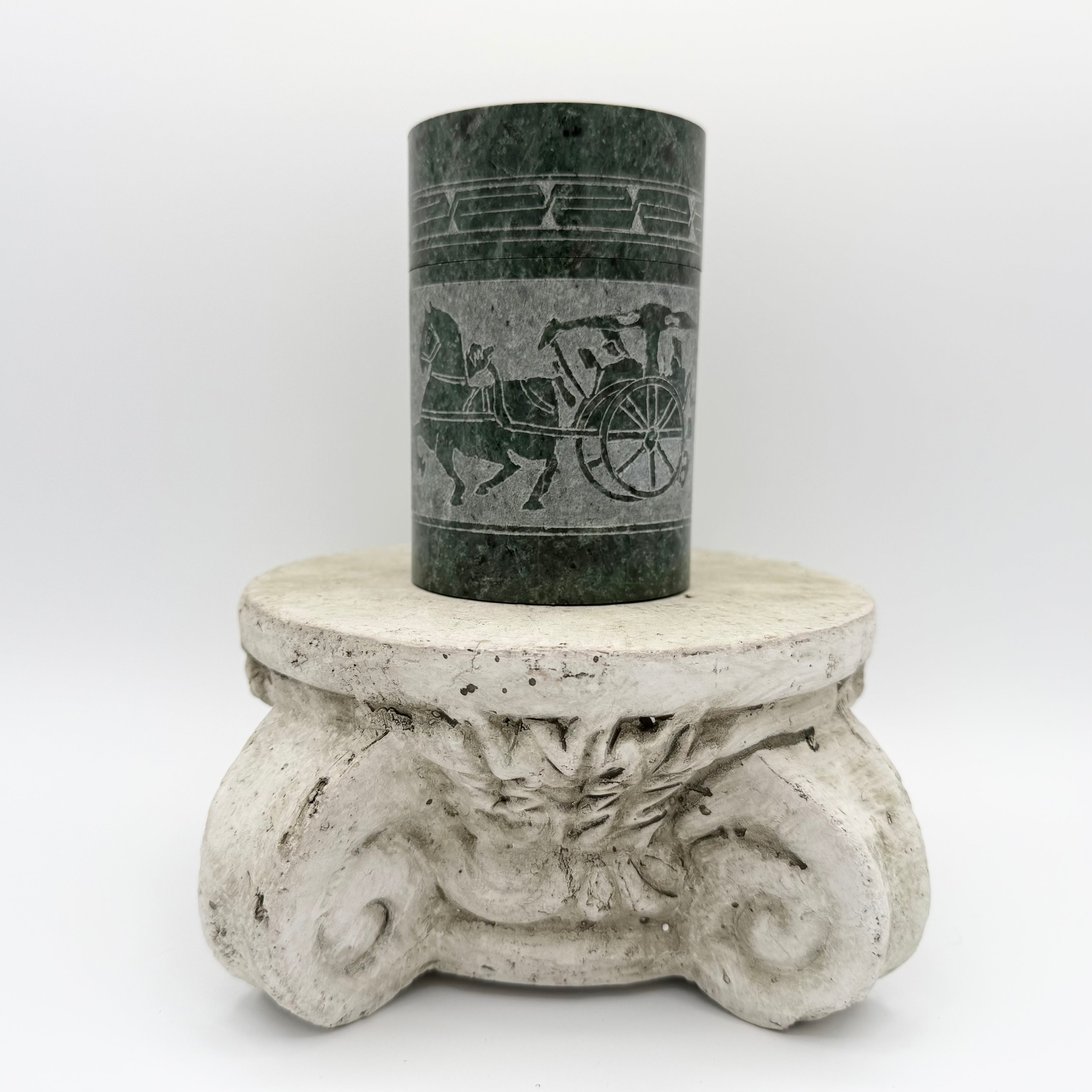 Green Marble Carved Jar With Horse and Chariot Motif