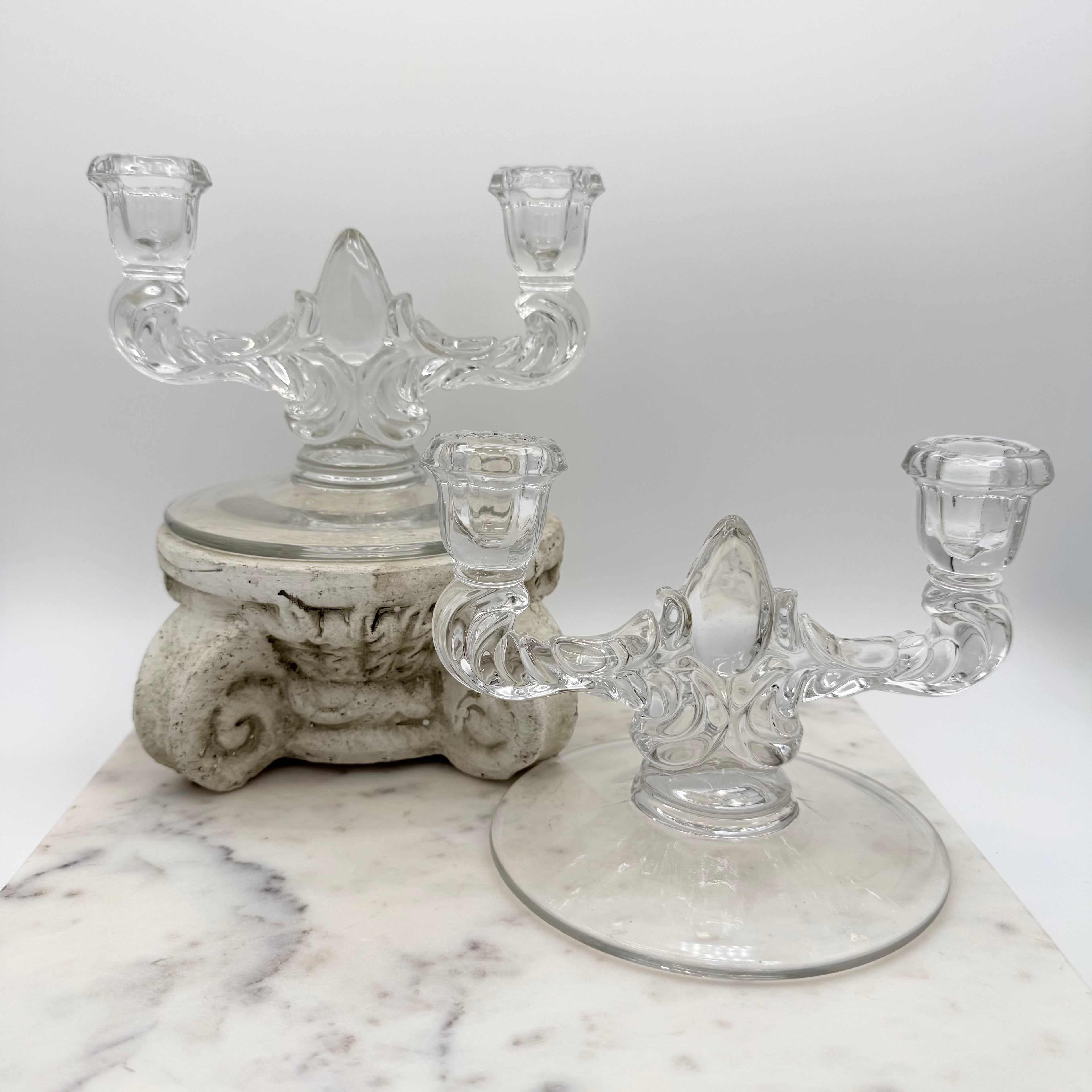 New Martinsville Clear Janice Double Candelabras, Pair