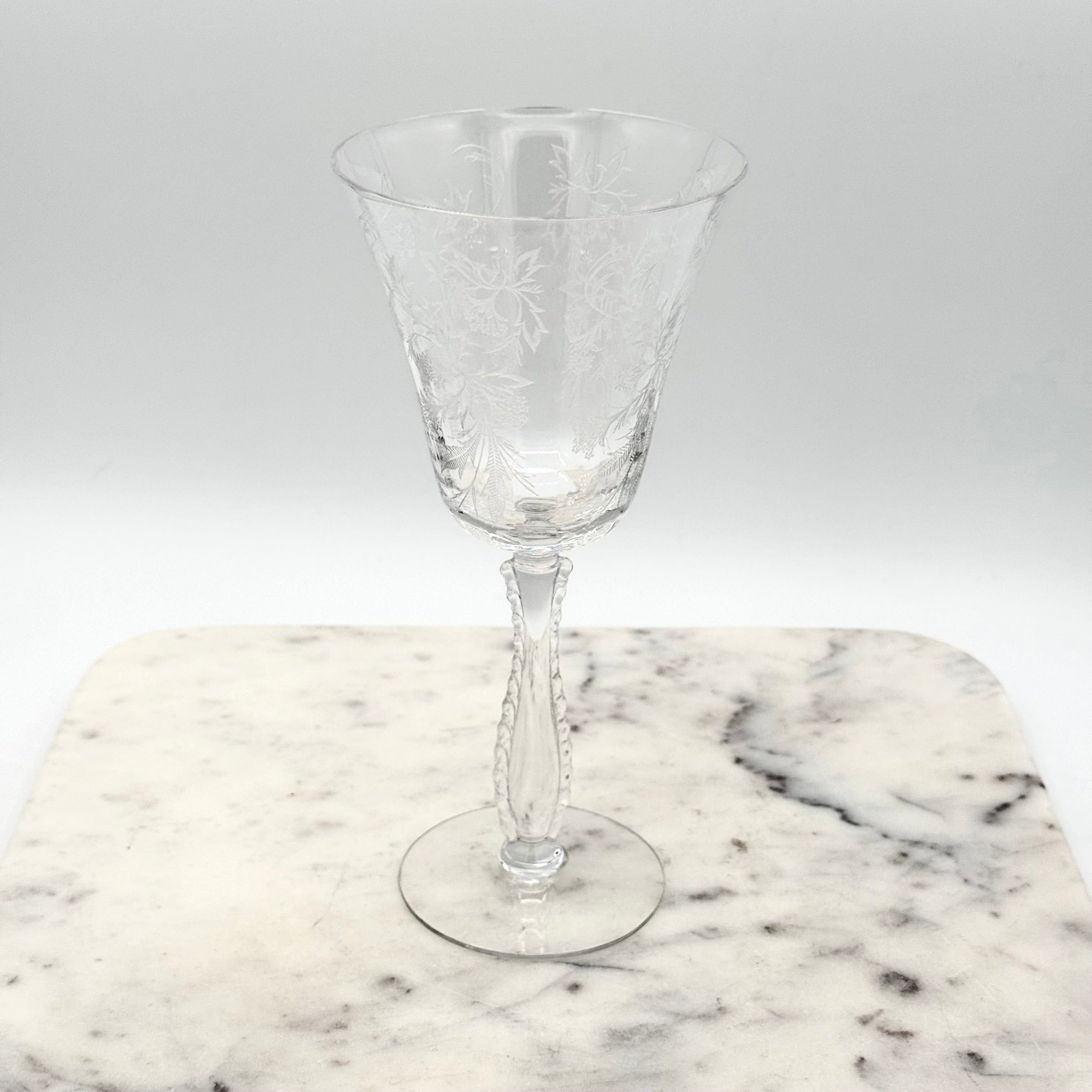 Vintage Fostoria Heather Etched Crystal Wine Glass, 6” Stem Goblet — Mid-Century Elegant Floral Scroll Design