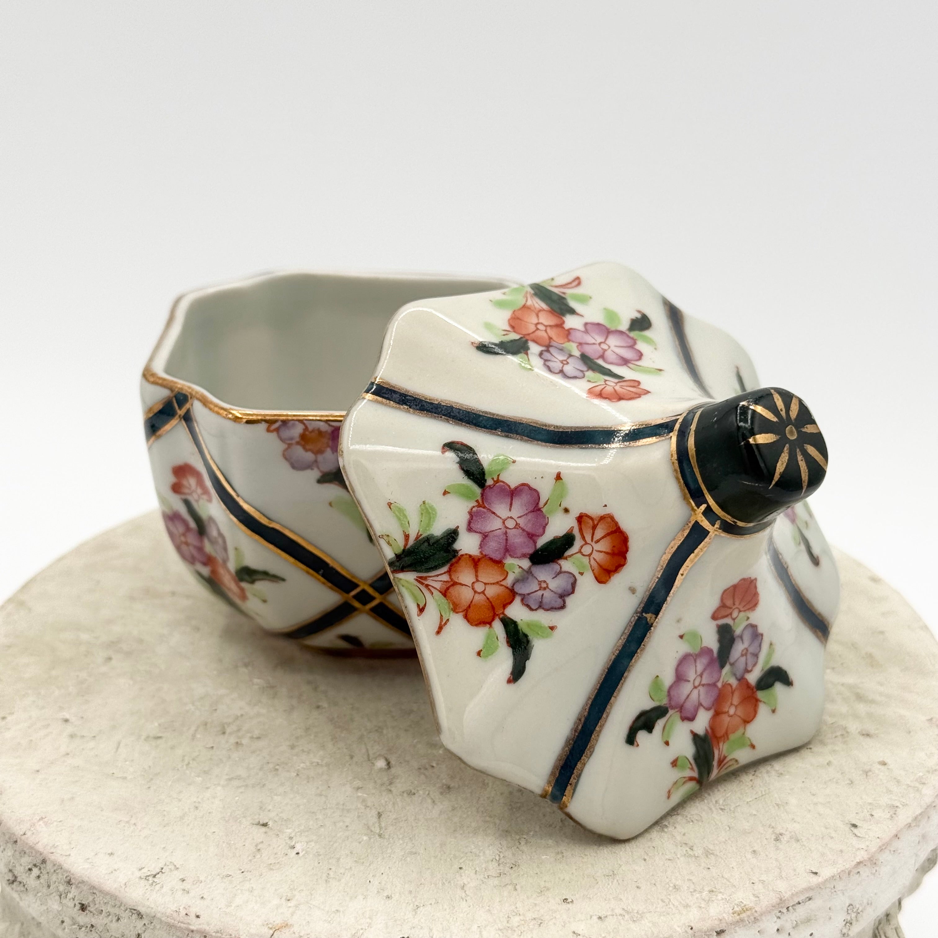 Vintage Hand-Painted Porcelain Lidded Trinket Jar with Cobalt and Gilt Lattice, Floral Motif
