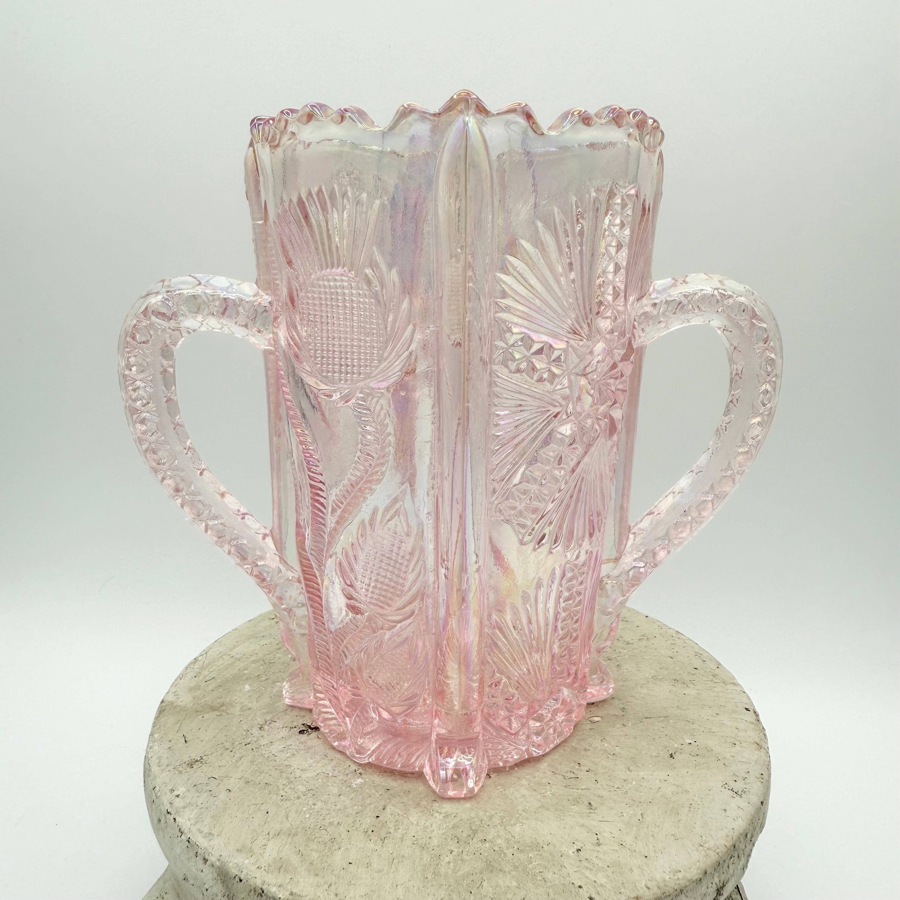 L. G. Wright Pink Iridescent Thistle Spooner with Reticulated Rim