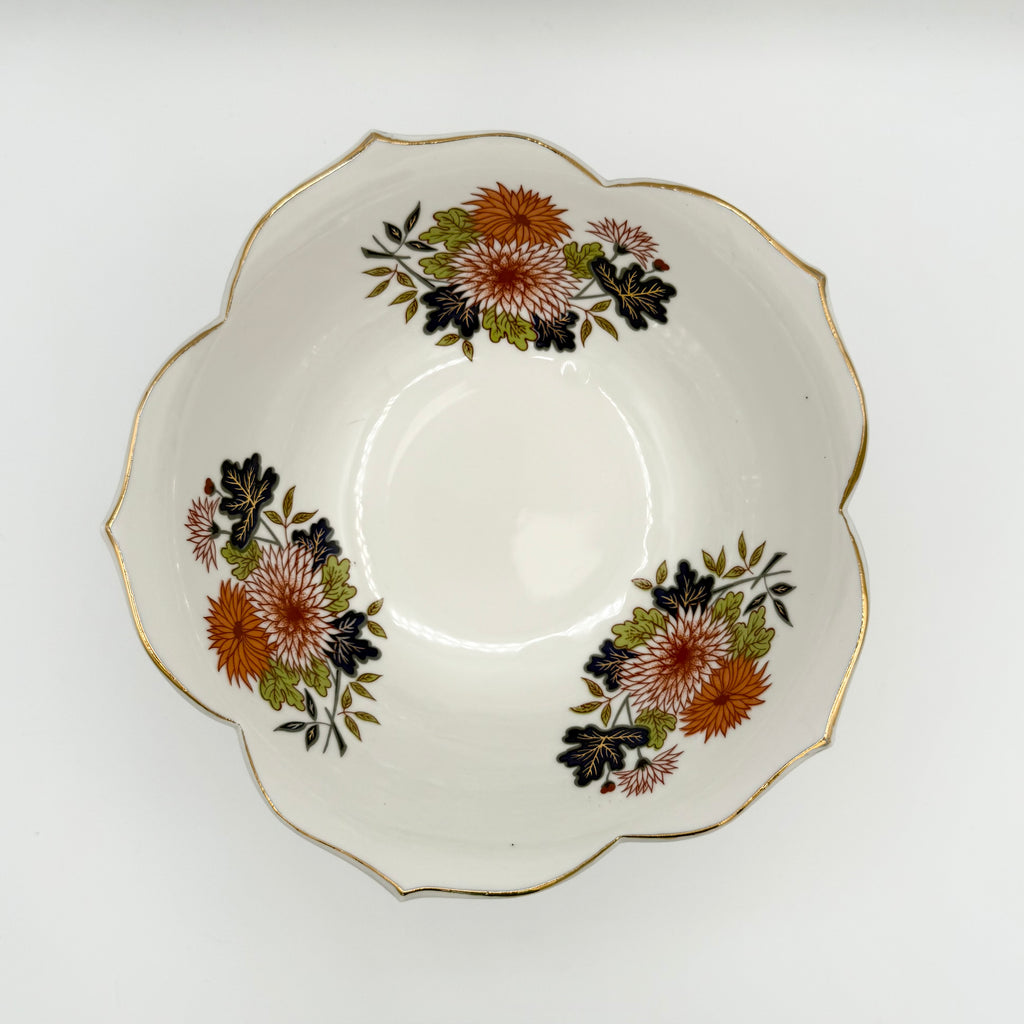 Japanese Imari Style Floral Bowl with Gold Scalloped Lotus Rim