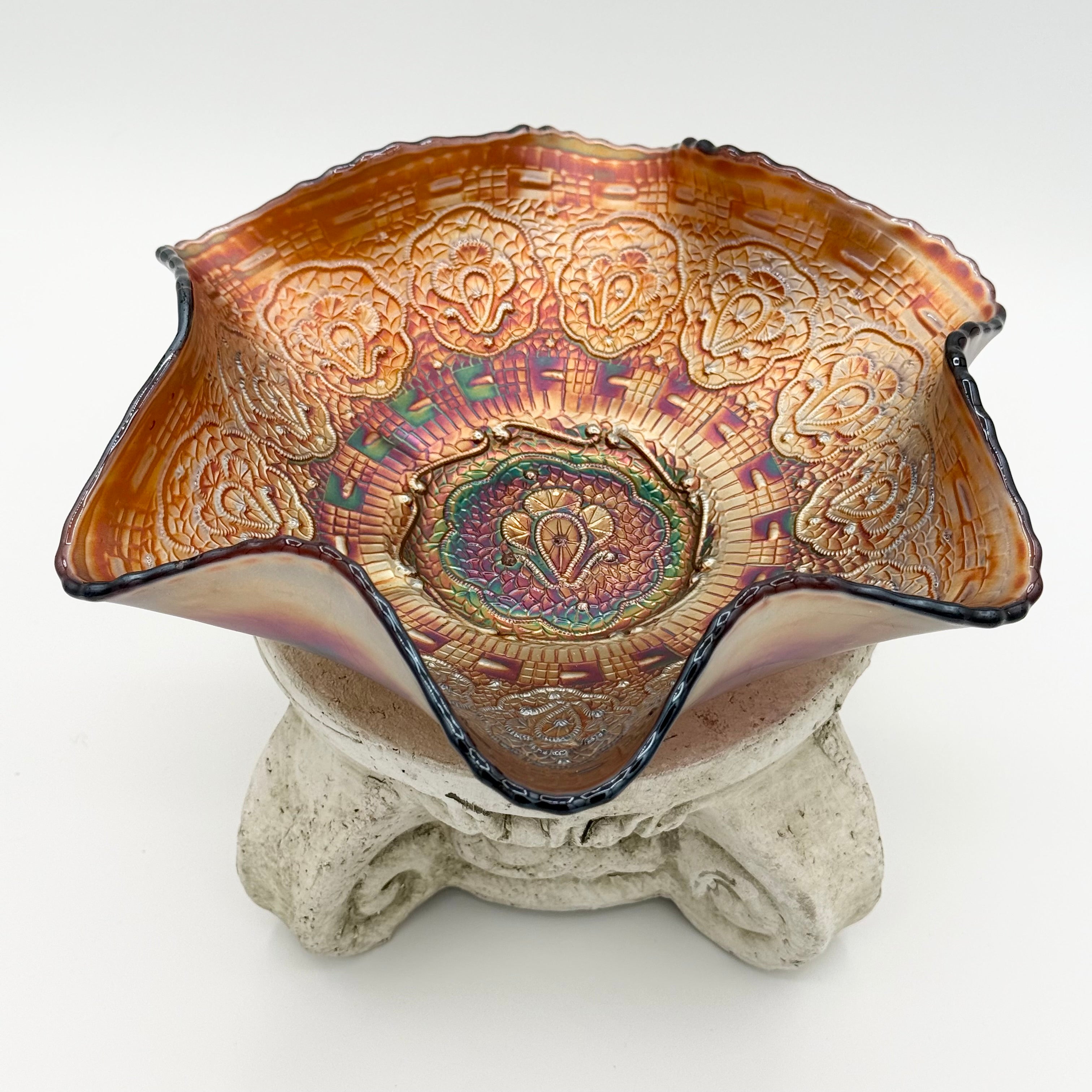 Vintage Fenton Feathered Serpent Carnival Glass Bowl — Iridescent Honeycomb & Clover Motif