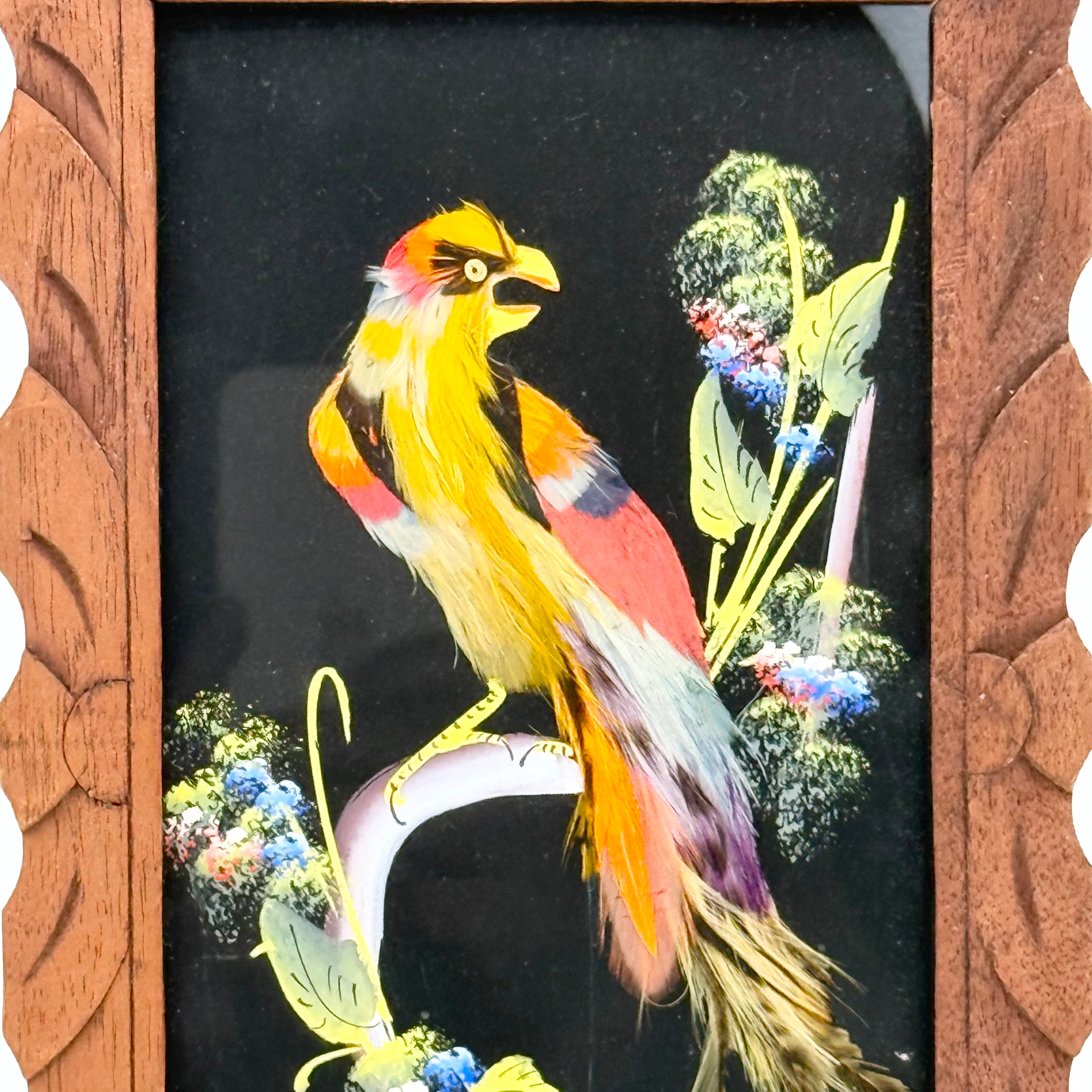 Vintage Mexican Feather Art Bird Picture In Ornate Wood Frames