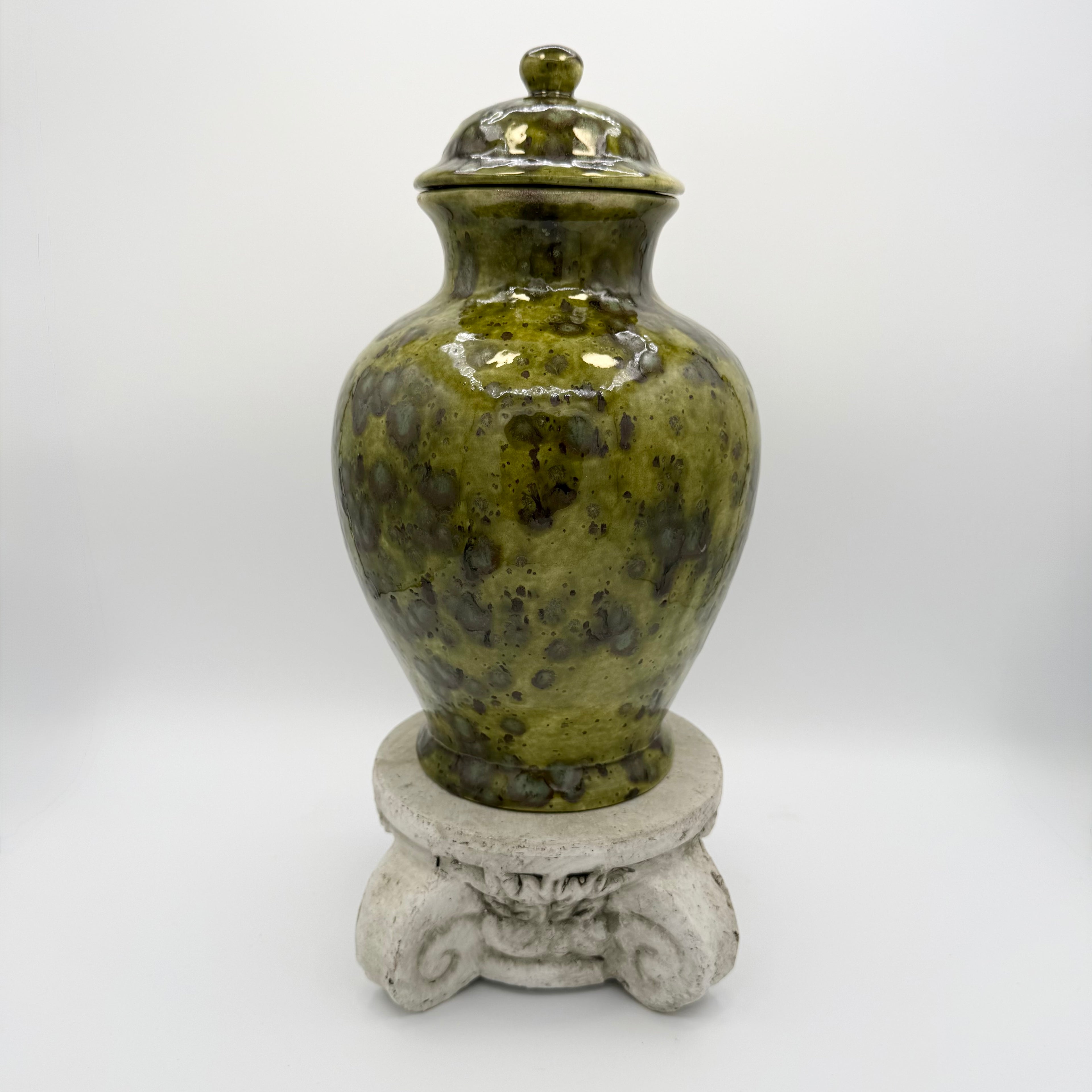 Studio Pottery Green Glazed Ceramic Ginger Jar Signed “BB” – Plum Blossom Motif