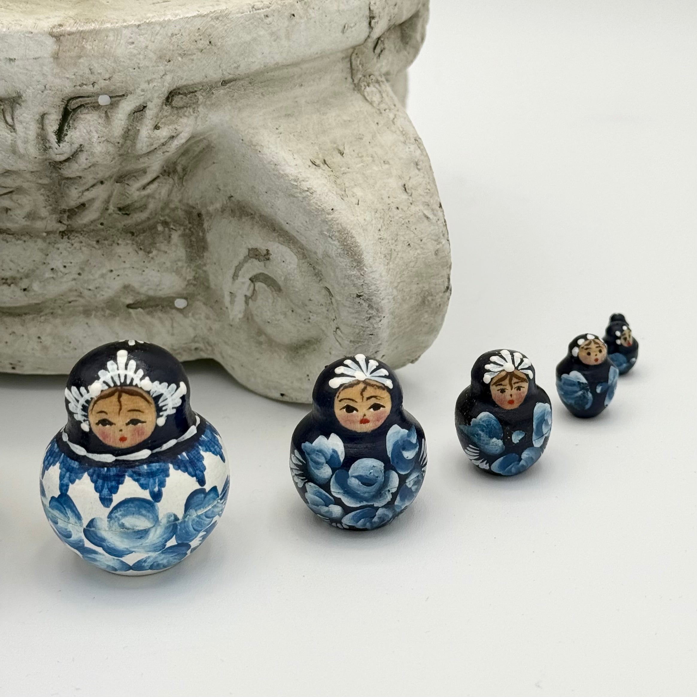 Vintage Hand-Painted Russian Nesting Dolls (Set of 10) – Blue & White Floral Design