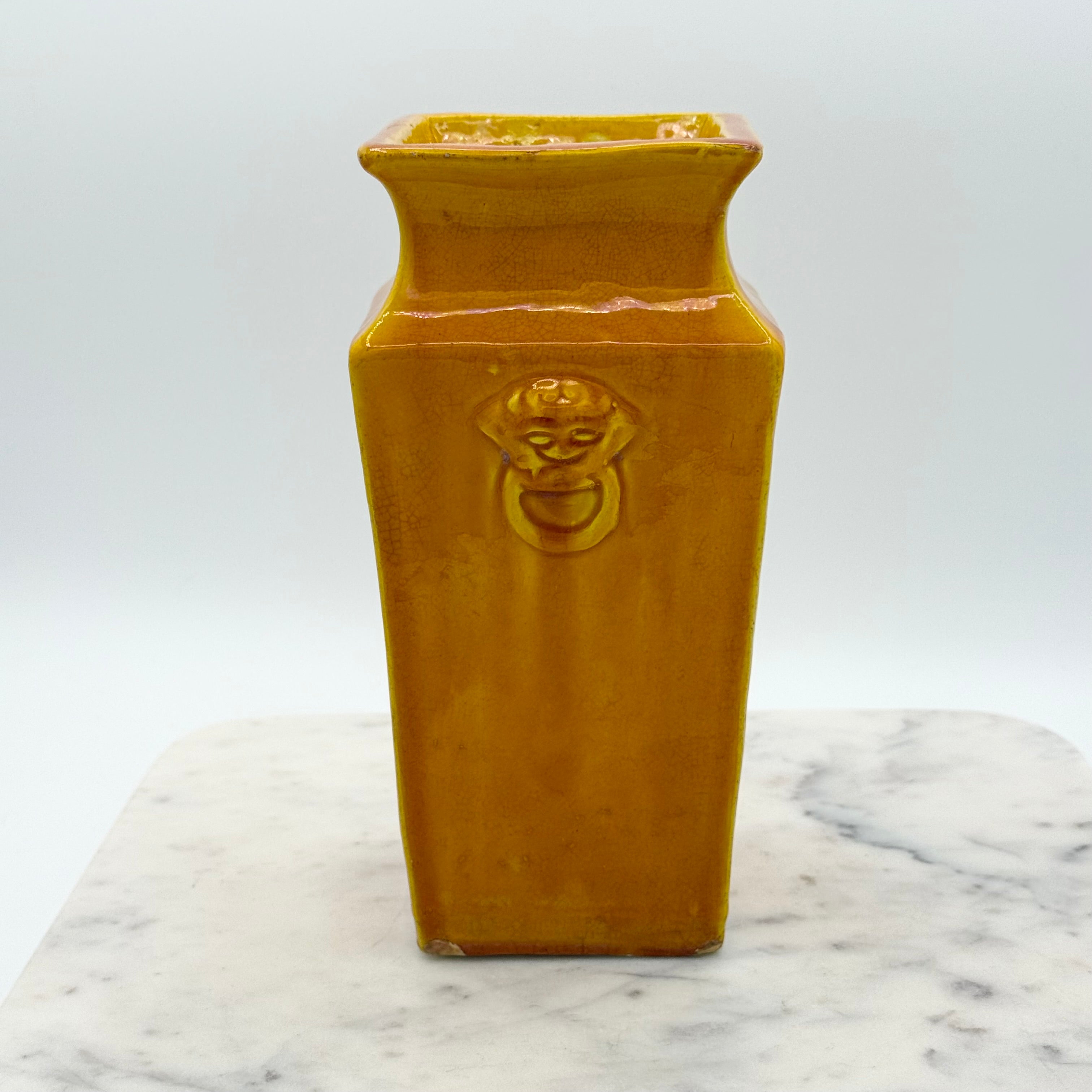 Vintage Japanese Hand Made Yellow Pottery Fu Dog Vase, Marked