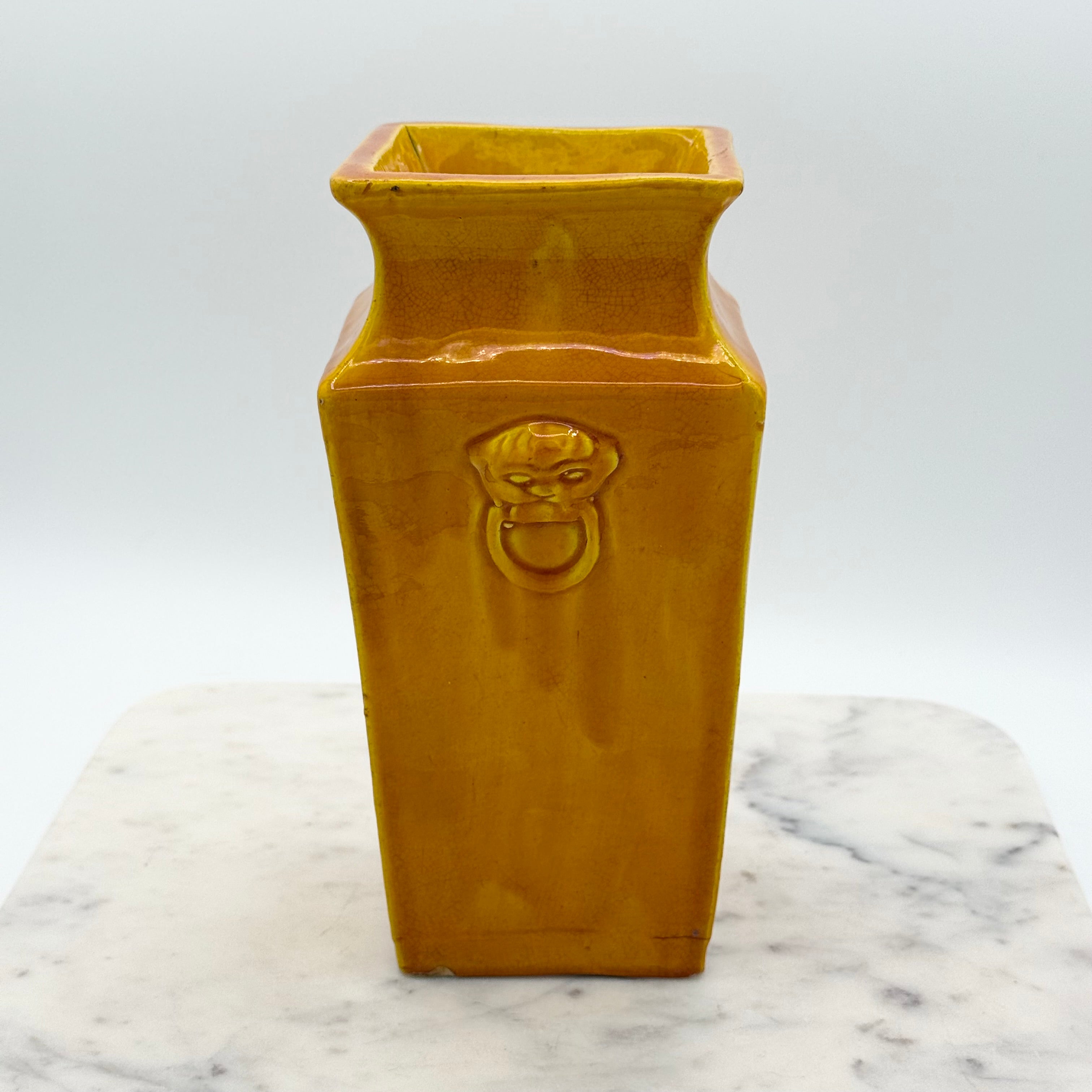 Vintage Japanese Hand Made Yellow Pottery Fu Dog Vase, Marked