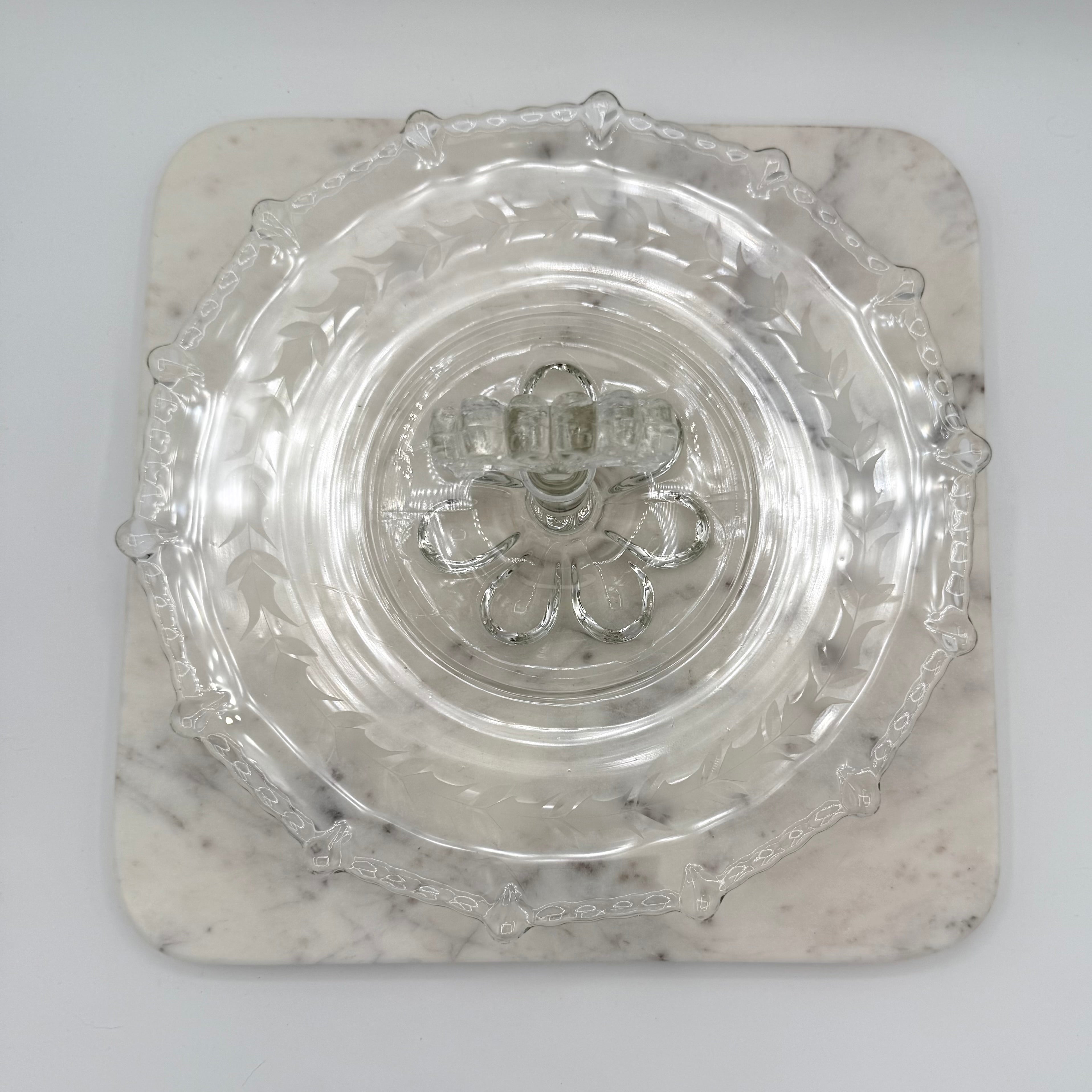 Paden City “Vermilion” Etched Floral Glass Sandwich Tray with Ornate Handle