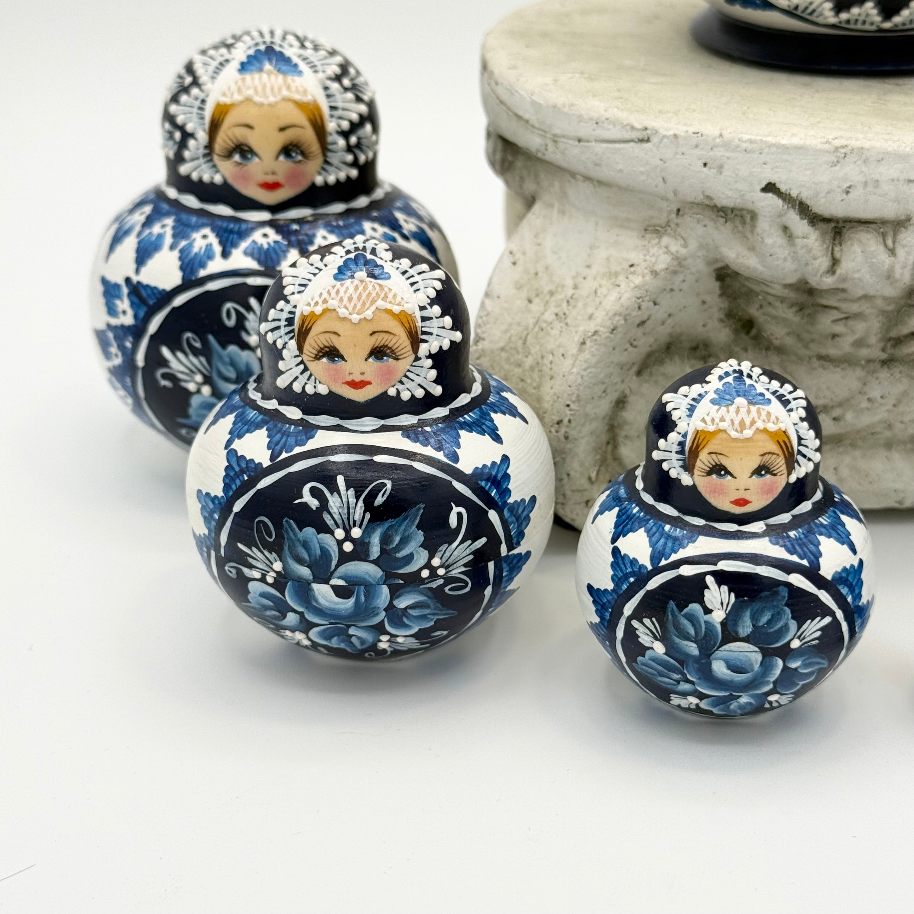 Hand-Painted Russian Nesting Dolls (Set of 10) – Blue & White Floral Design