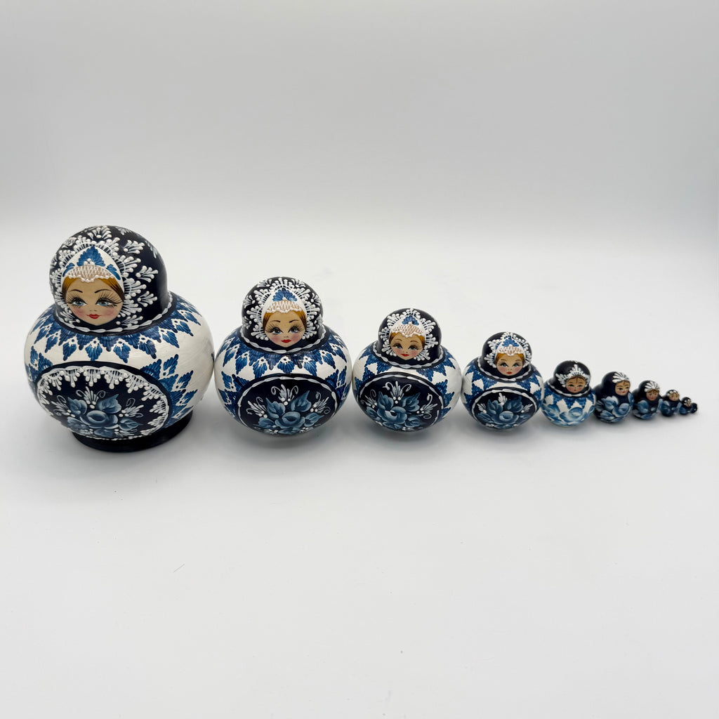 Vintage Hand-Painted Russian Nesting Dolls (Set of 10) – Blue & White Floral Design