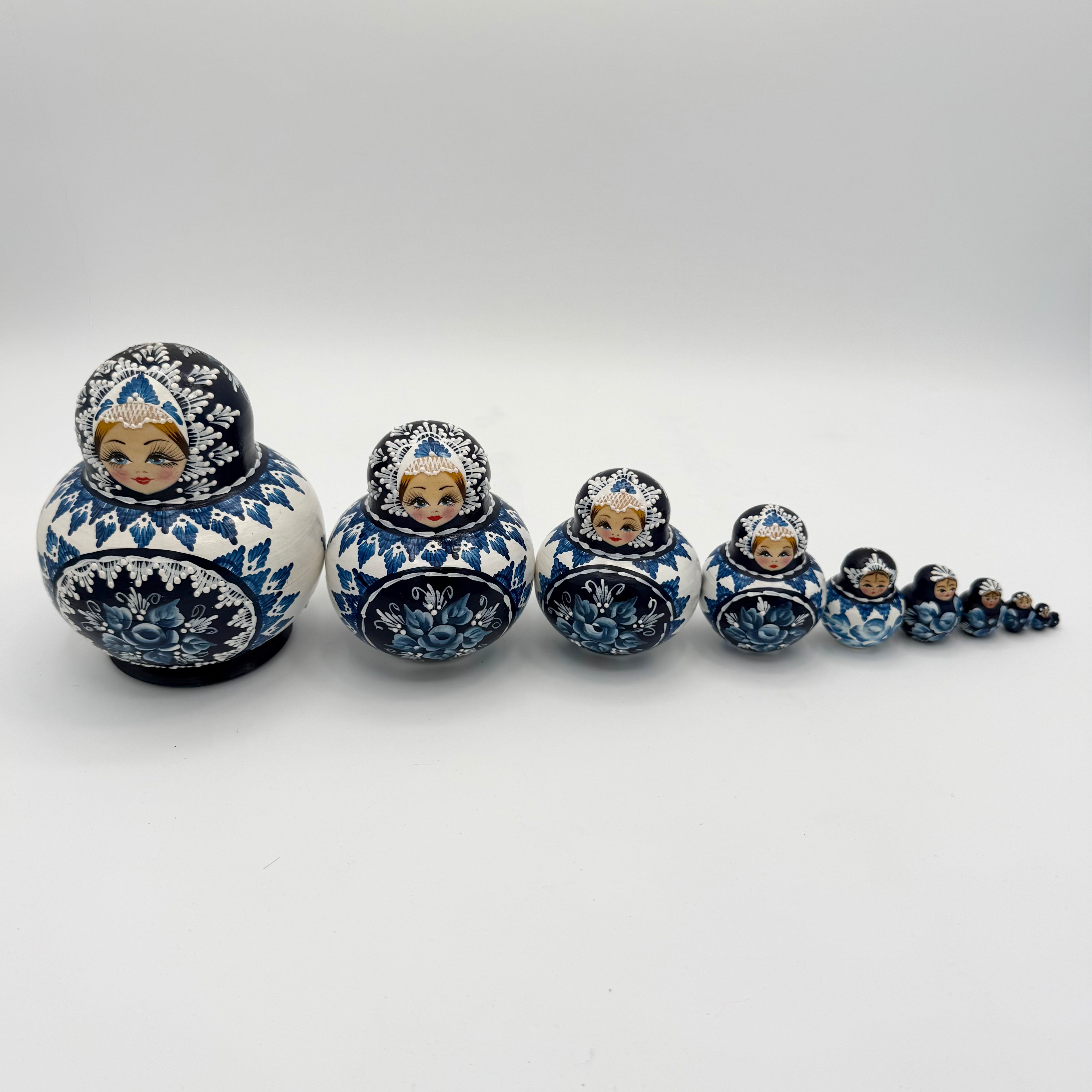 Hand-Painted Russian Nesting Dolls (Set of 10) – Blue & White Floral Design