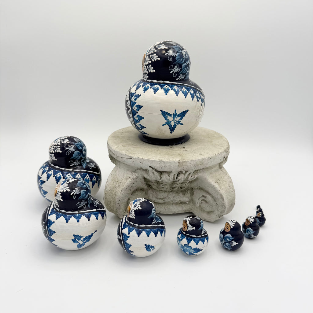 Vintage Hand-Painted Russian Nesting Dolls (Set of 10) – Blue & White Floral Design