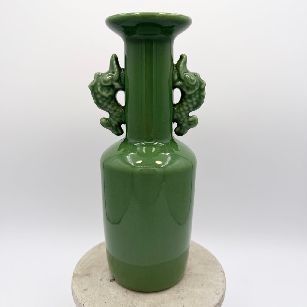 Toyo Japanese Porcelain Jade Green Vase with Fish Handles