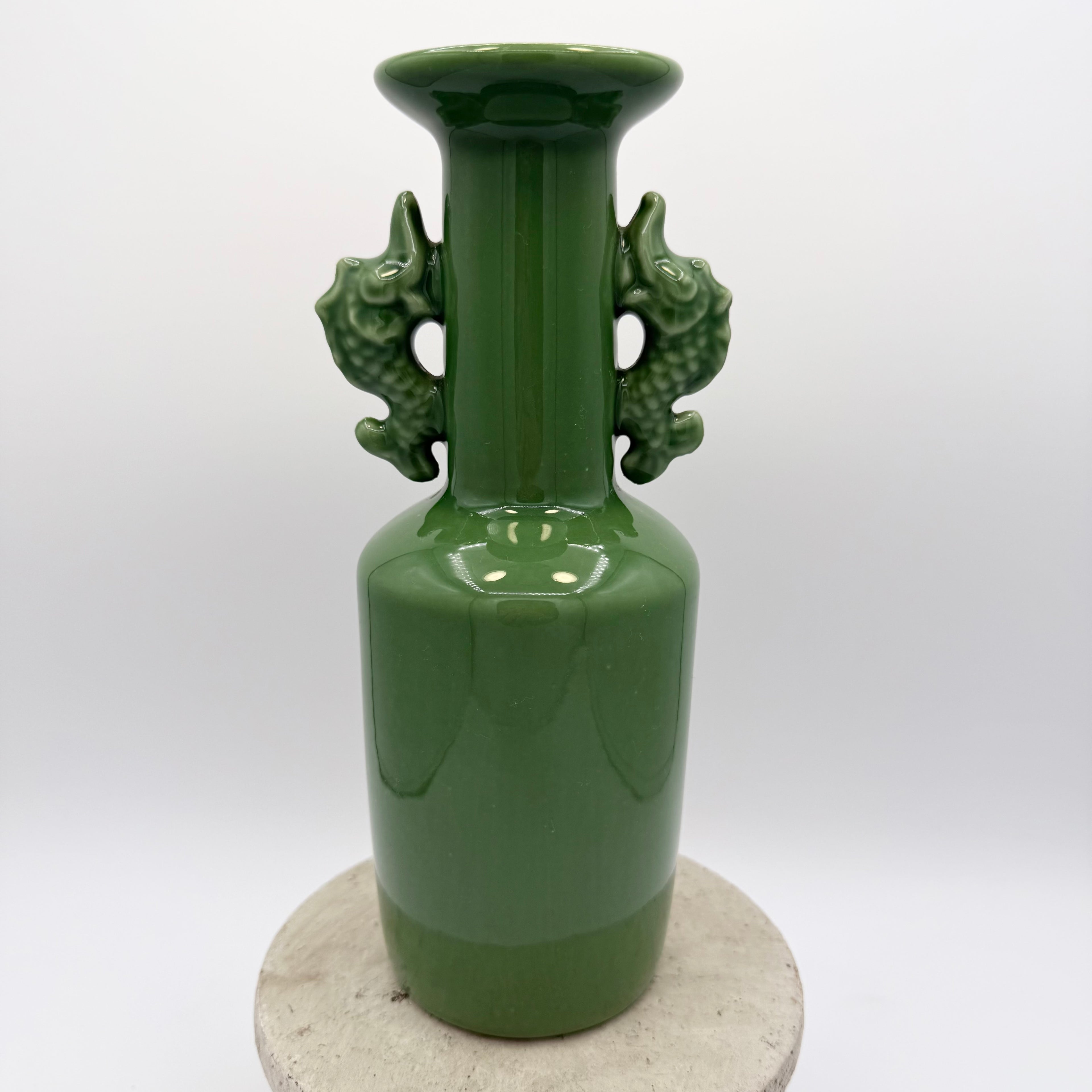 Toyo Japanese Porcelain Jade Green Vase with Fish Handles