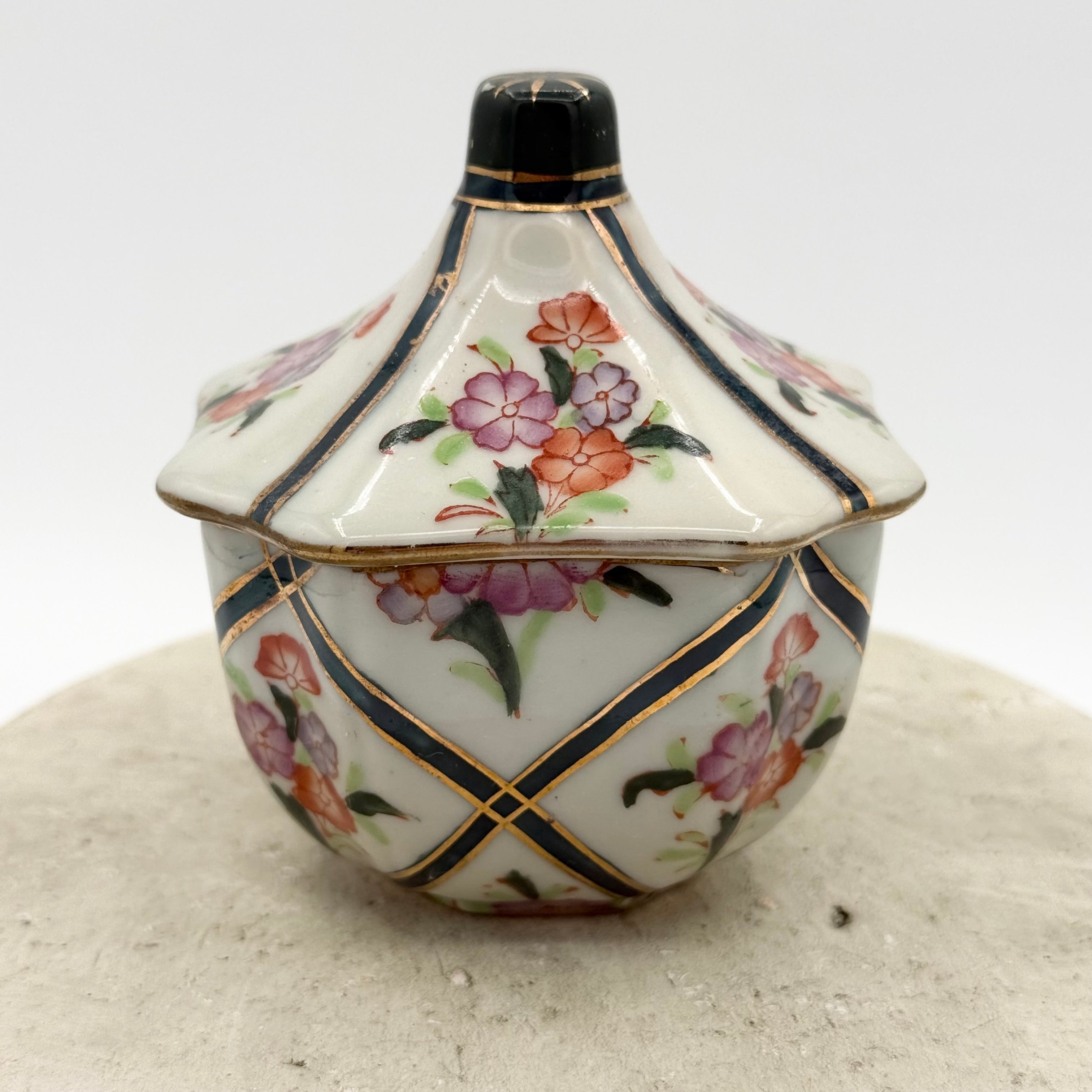 Vintage Hand-Painted Porcelain Lidded Trinket Jar with Cobalt and Gilt Lattice, Floral Motif