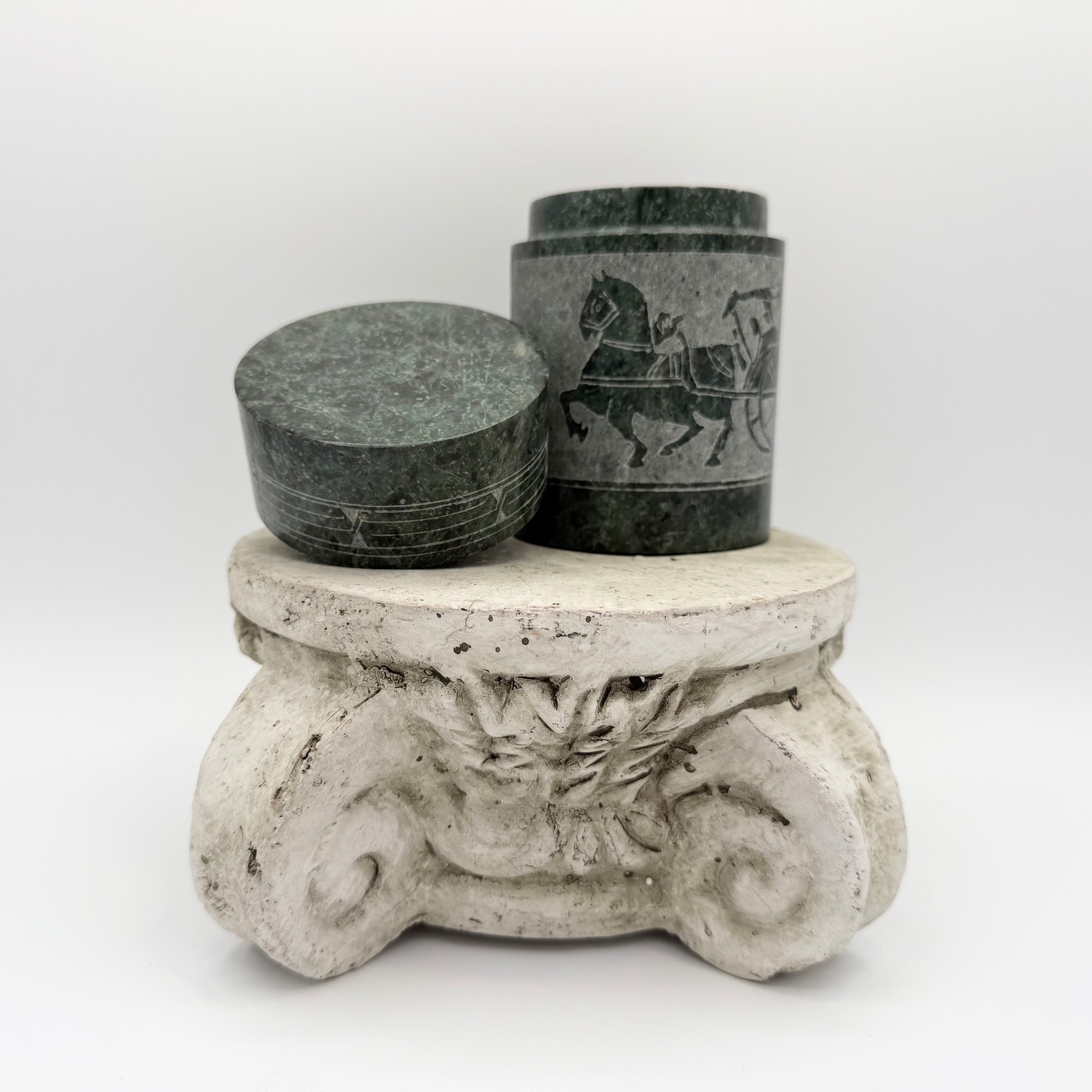 Green Marble Carved Jar With Horse and Chariot Motif
