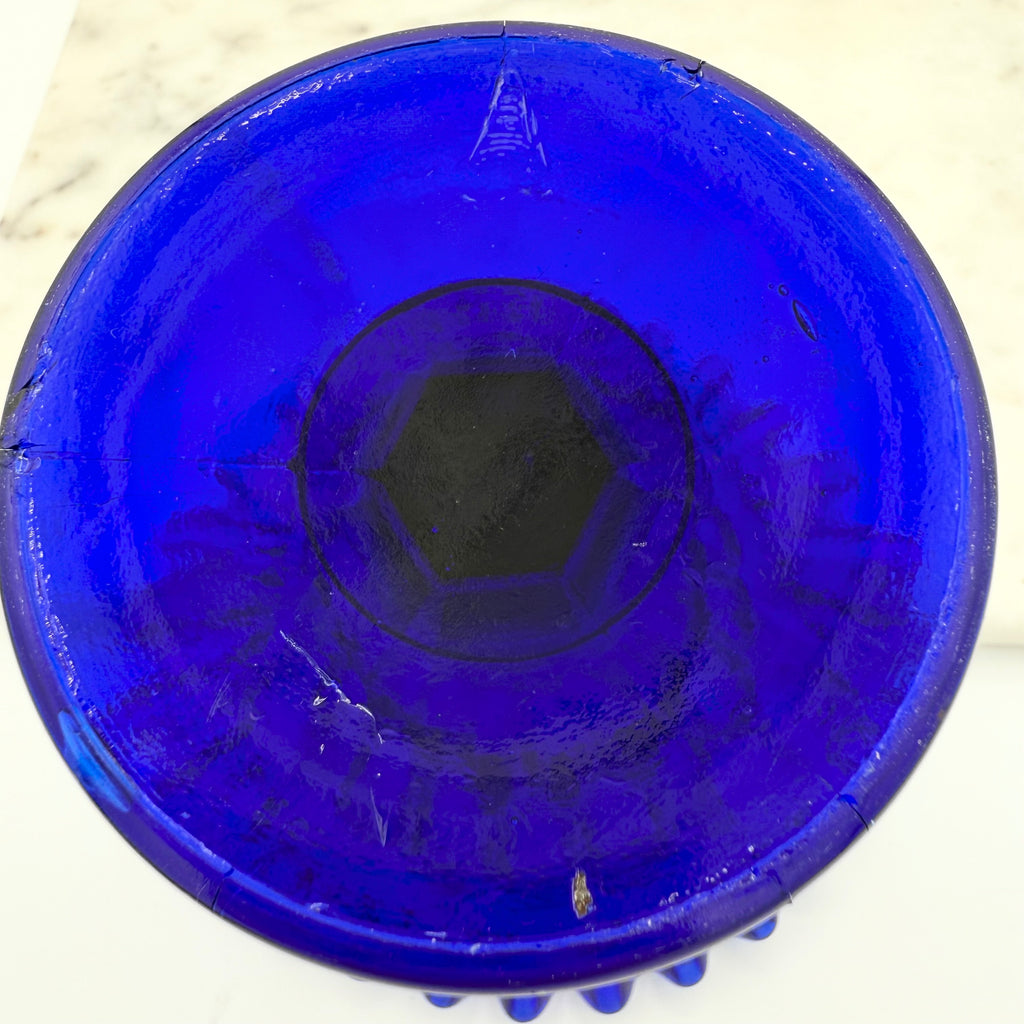 Cobalt Blue Glass Pedestal Compote With Ruffled Edge And Thumbprint Pattern