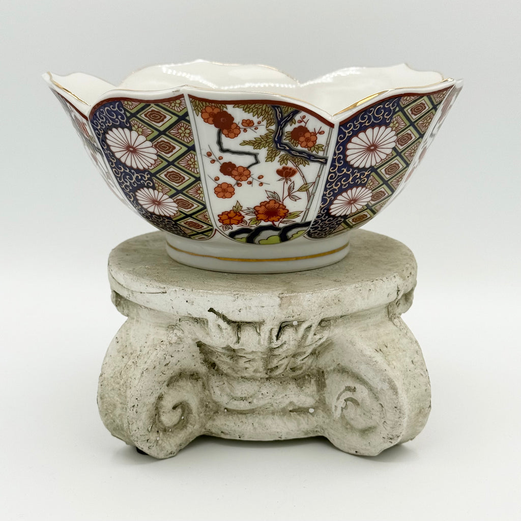 Japanese Imari Style Floral Bowl with Gold Scalloped Lotus Rim