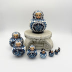Vintage Hand-Painted Russian Nesting Dolls (Set of 10) – Blue & White Floral Design
