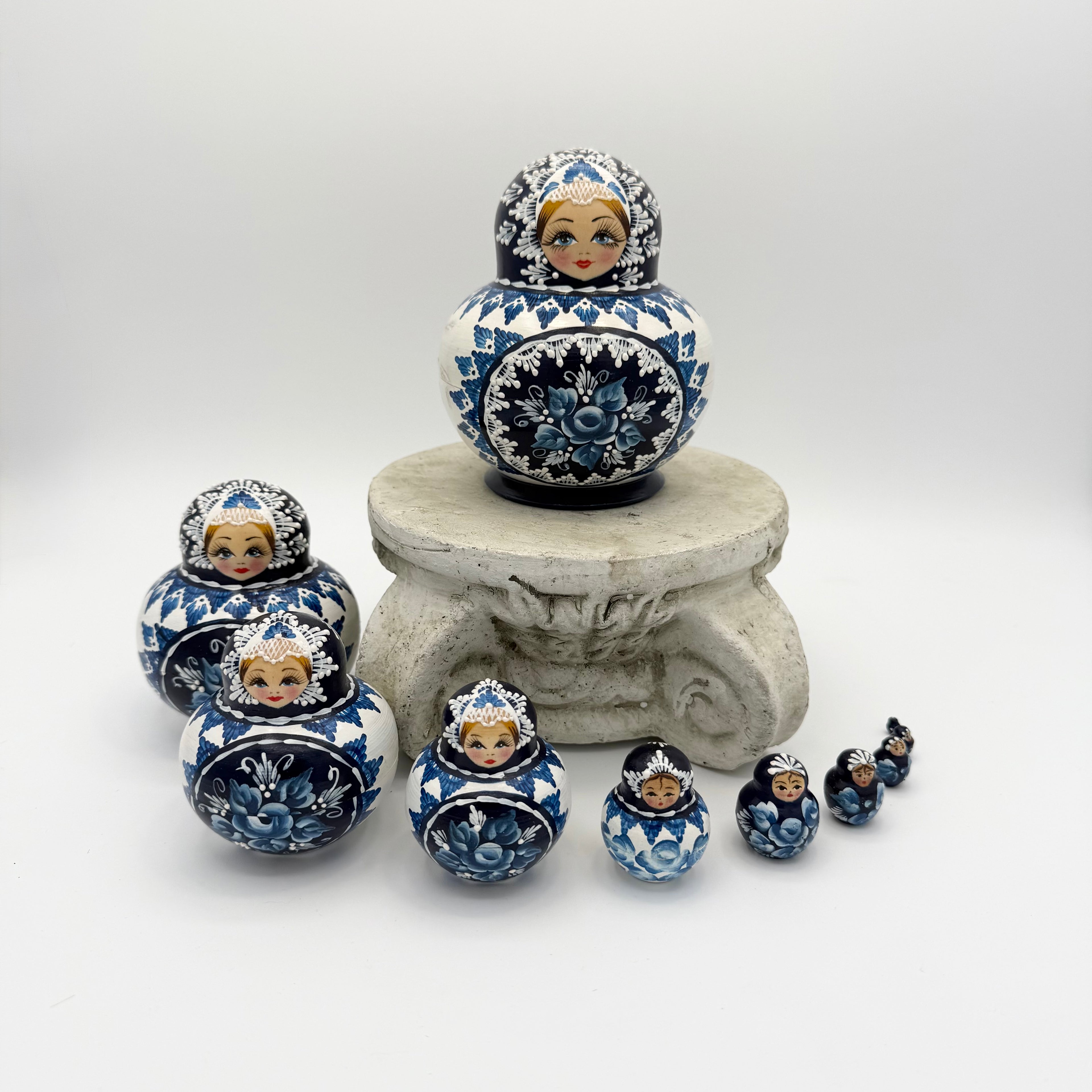 Hand-Painted Russian Nesting Dolls (Set of 10) – Blue & White Floral Design