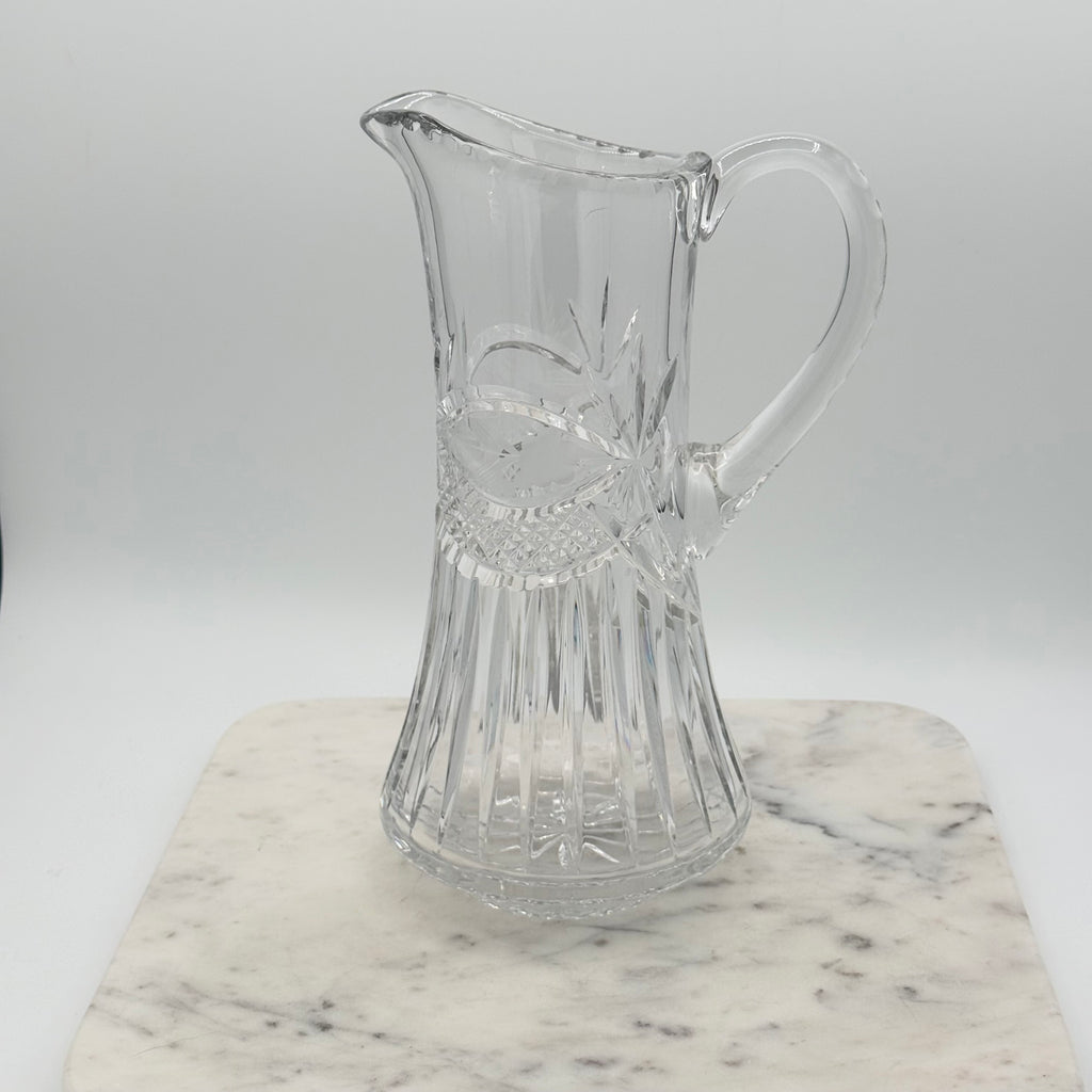 Vintage Etched Lead Cut Crystal Water Pitcher — Flower & Leaf Motif