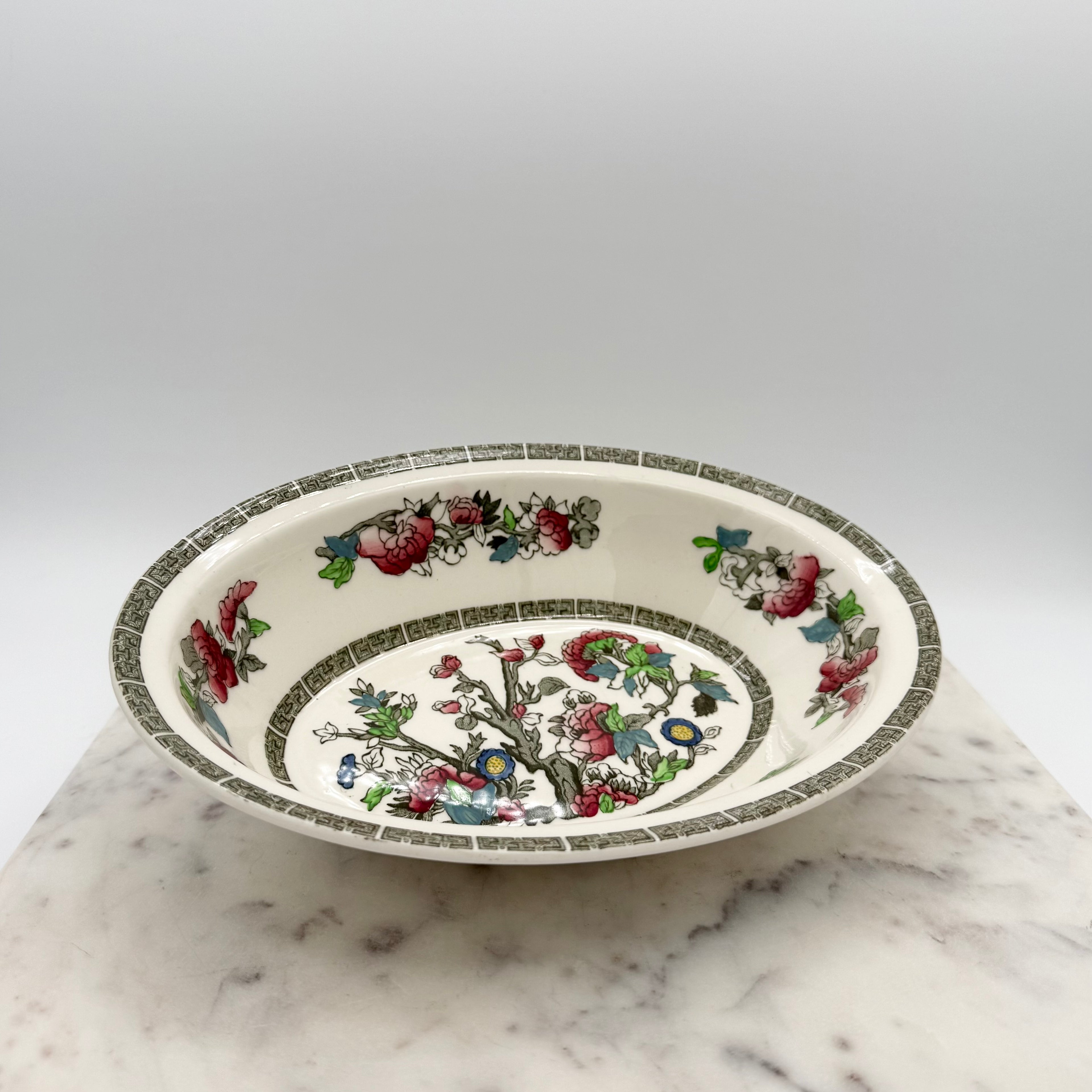 Johnson Brothers “Indian Tree” Floral Oval Serving Bowl with Greek Key Details