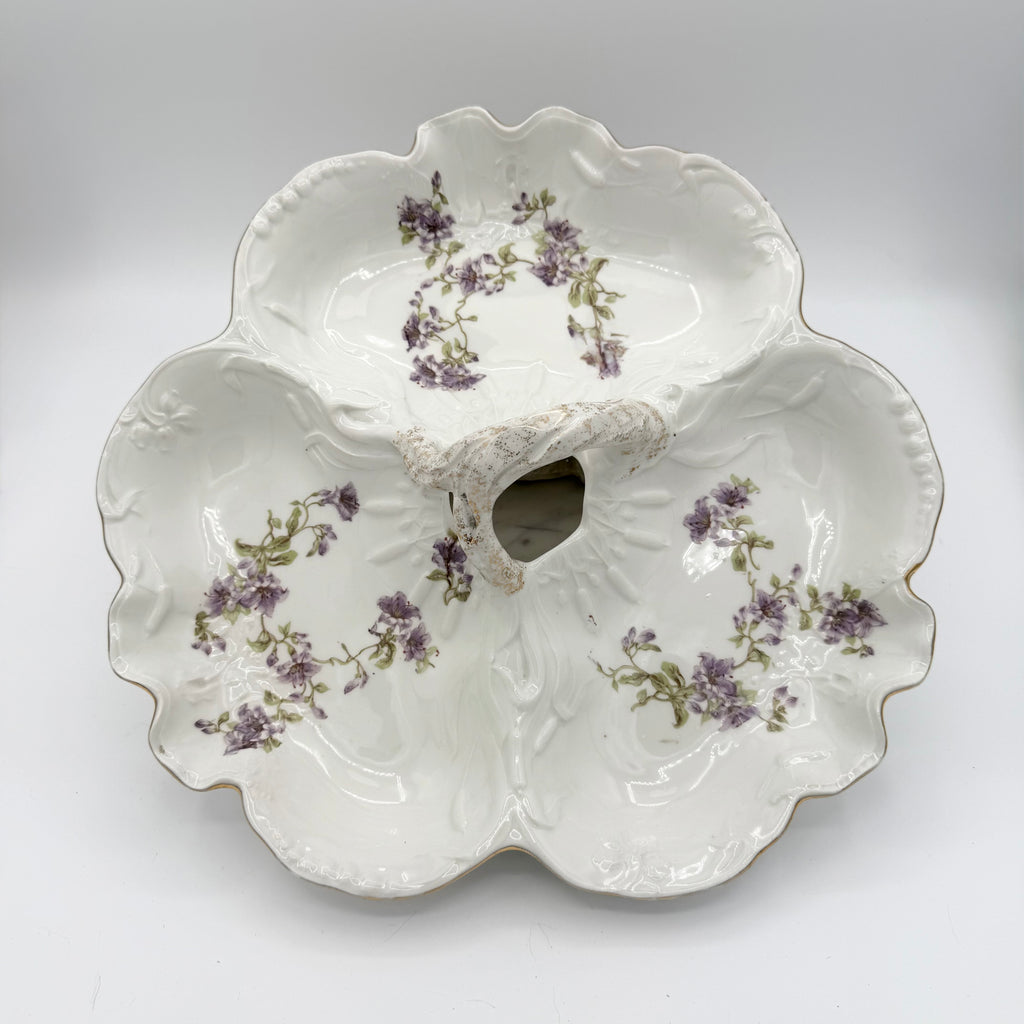 Antique Limoges René Frugier FRG Divided Serving Dish with Violets and Leaves, Made in France