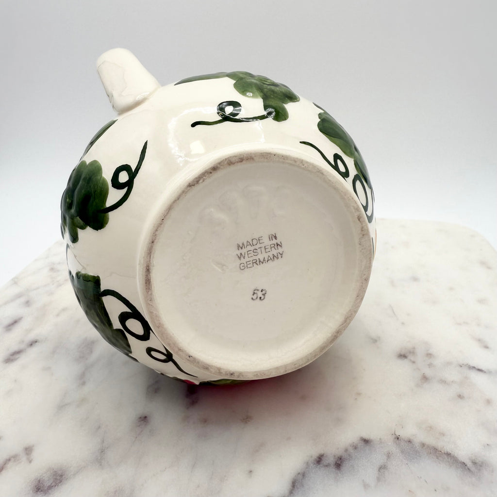 Vintage West Germany Majolica Pitcher With Embossed Flowers, Strawberries, Leaves