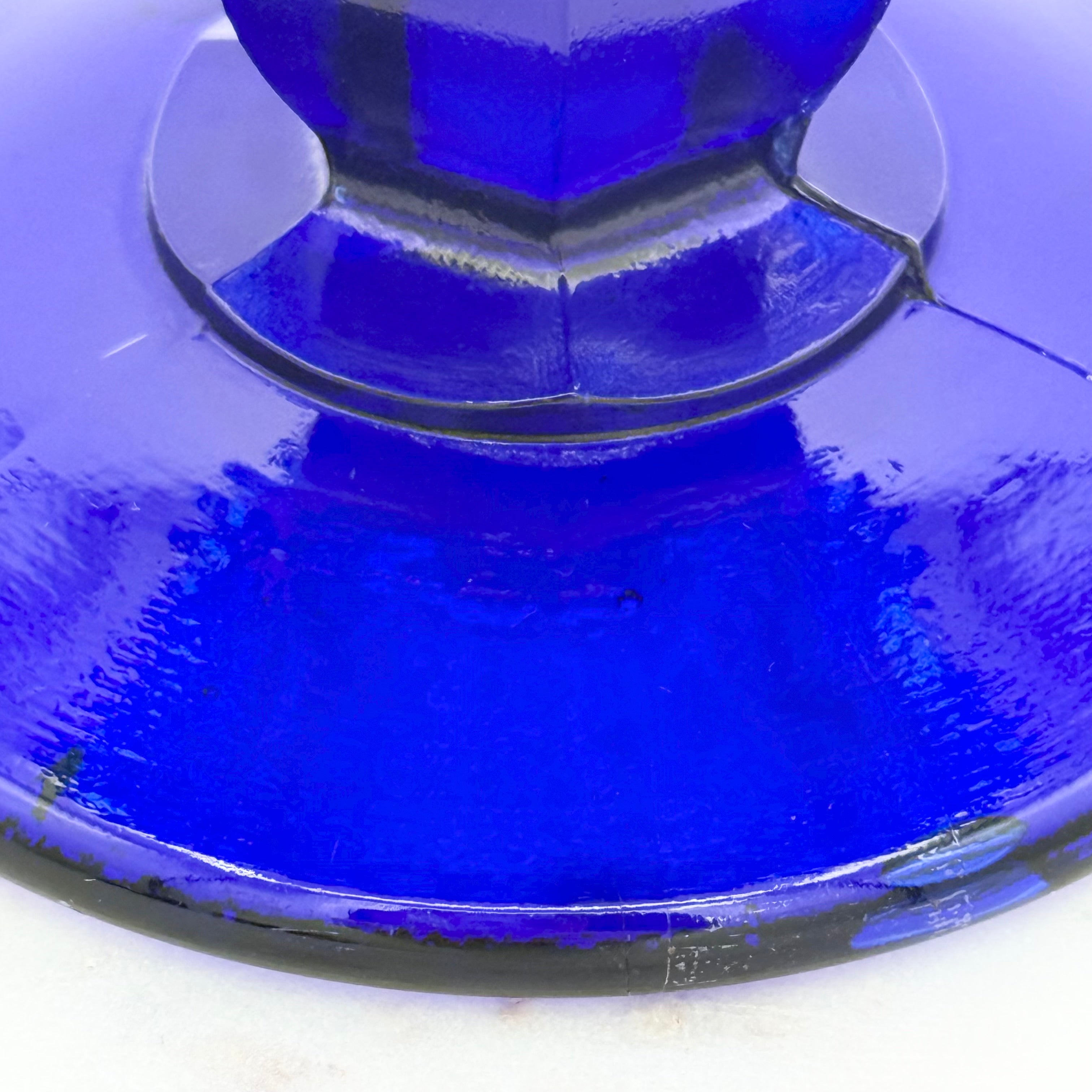 Cobalt Blue Glass Pedestal Compote With Ruffled Edge And Thumbprint Pattern