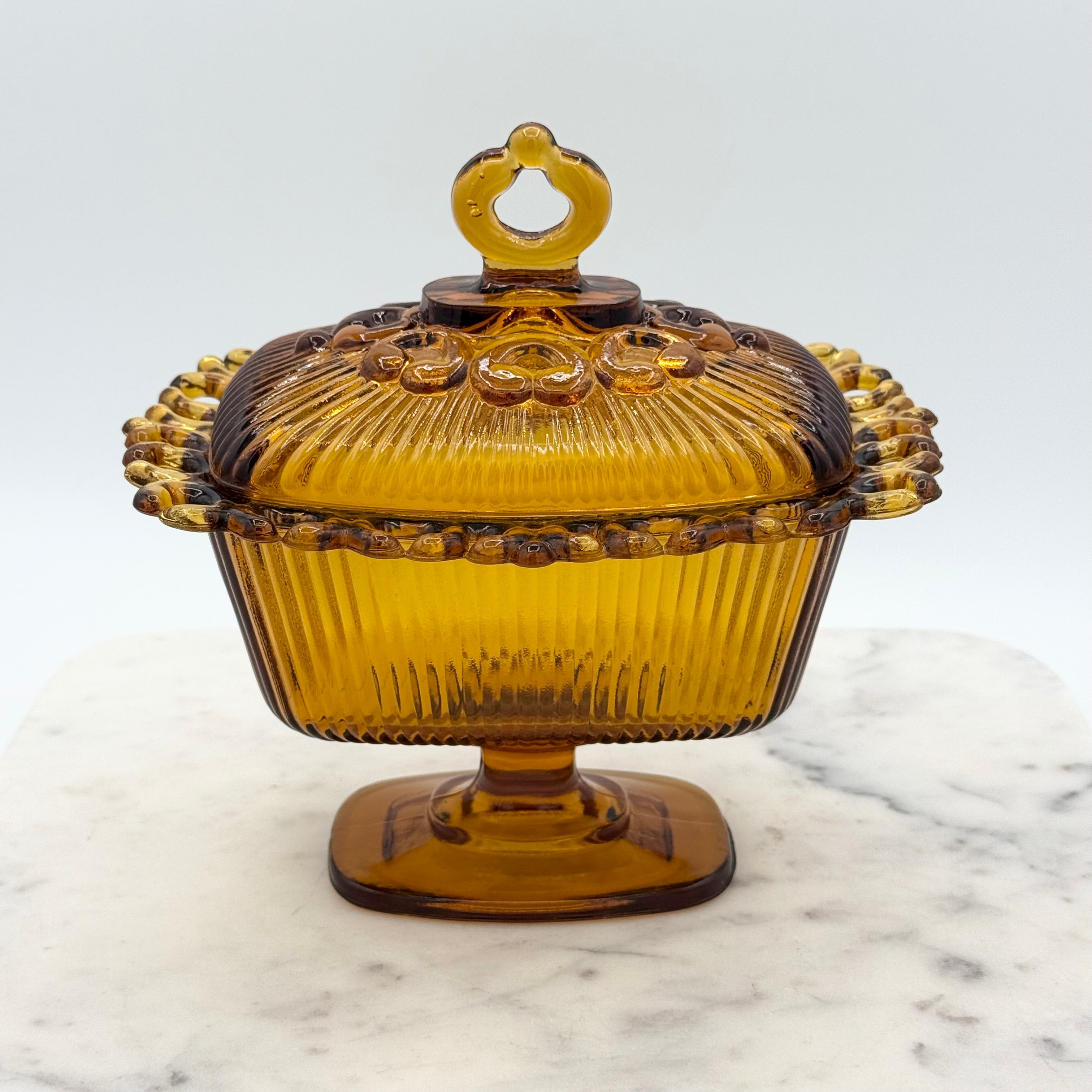 Vintage Indiana Glass Amber “Lace Edge” Lidded Pedestal Candy Dish