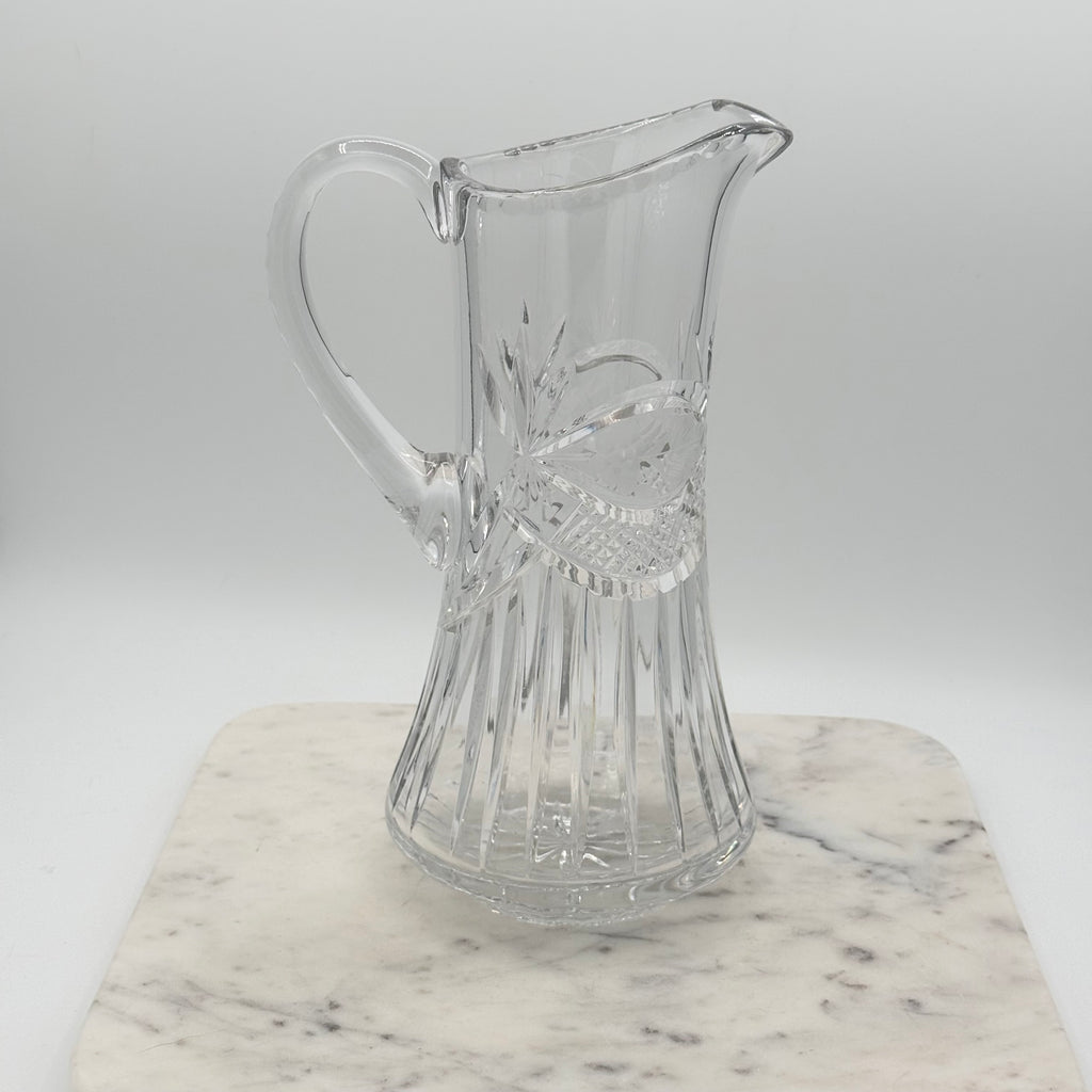Vintage Etched Lead Cut Crystal Water Pitcher — Flower & Leaf Motif