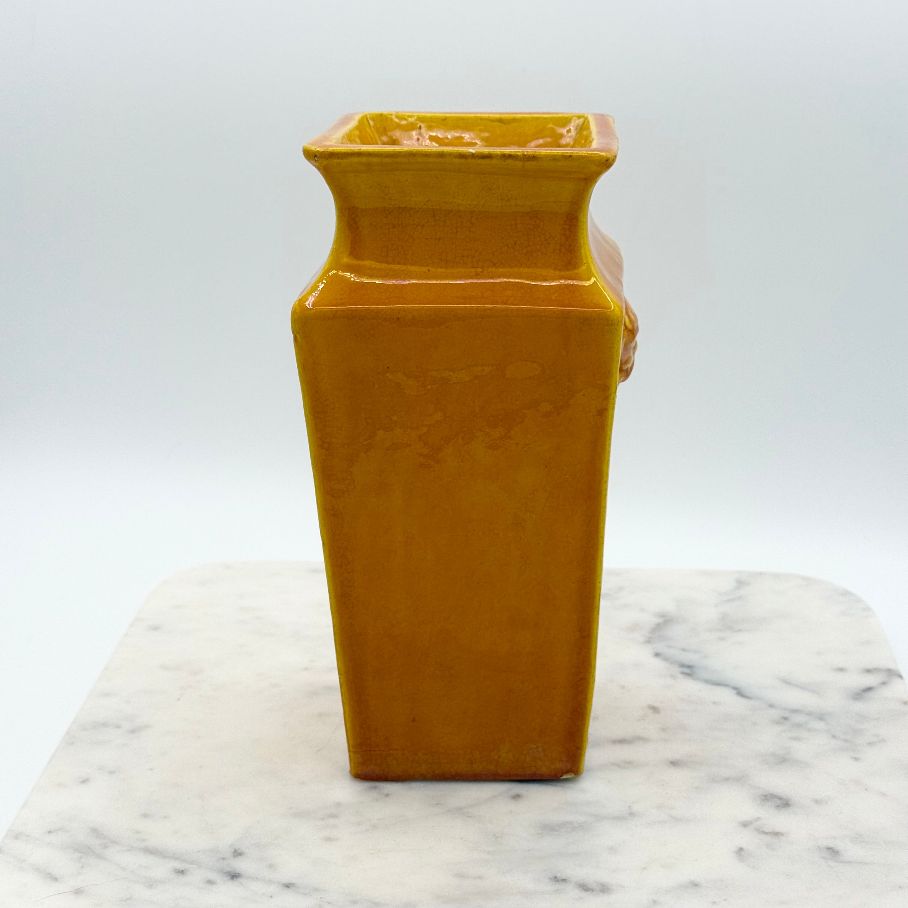 Vintage Japanese Hand Made Yellow Pottery Fu Dog Vase, Marked