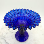 Cobalt Blue Glass Pedestal Compote With Ruffled Edge And Thumbprint Pattern