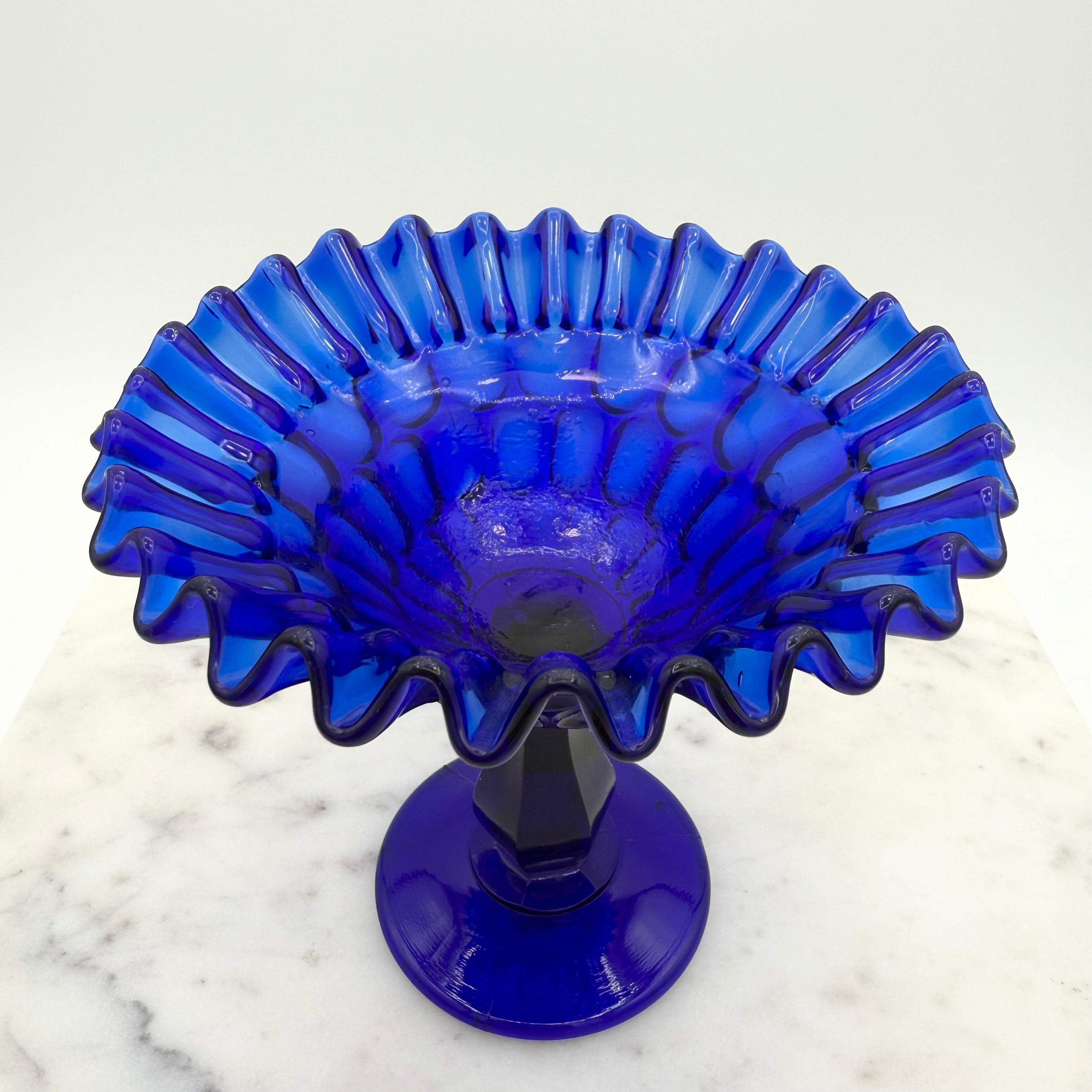 Cobalt Blue Glass Pedestal Compote With Ruffled Edge And Thumbprint Pattern