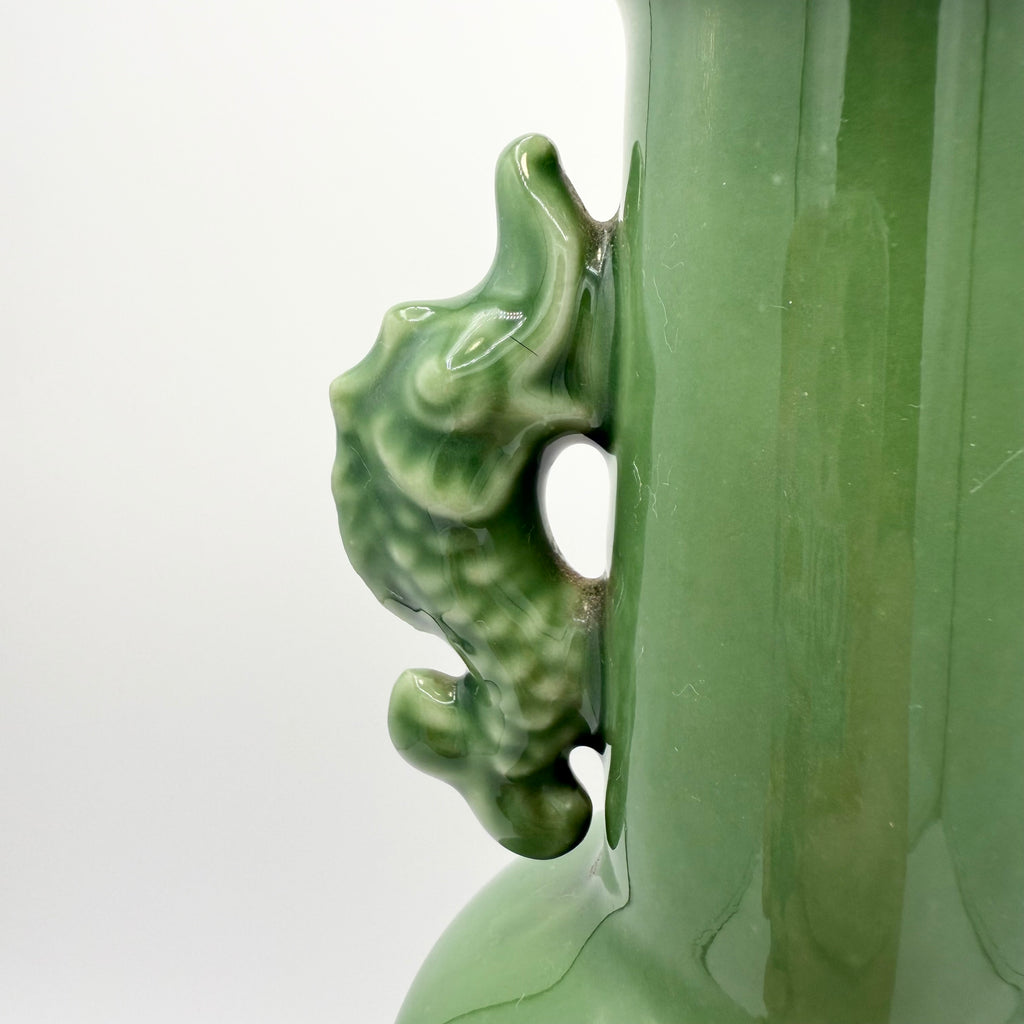 Toyo Japanese Porcelain Jade Green Vase with Fish Handles