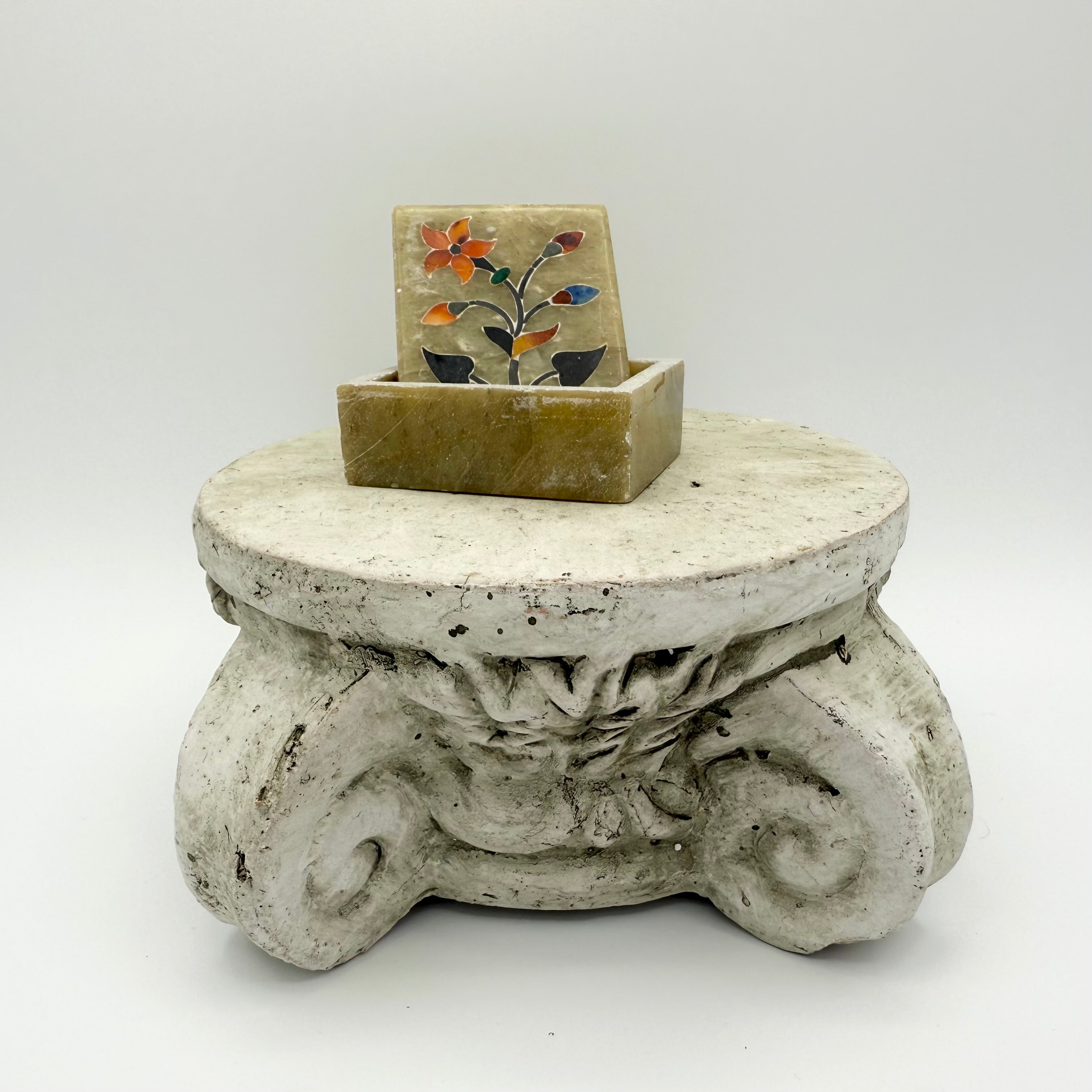 Hand Carved Soapstone Trinket Box with Floral Inlay