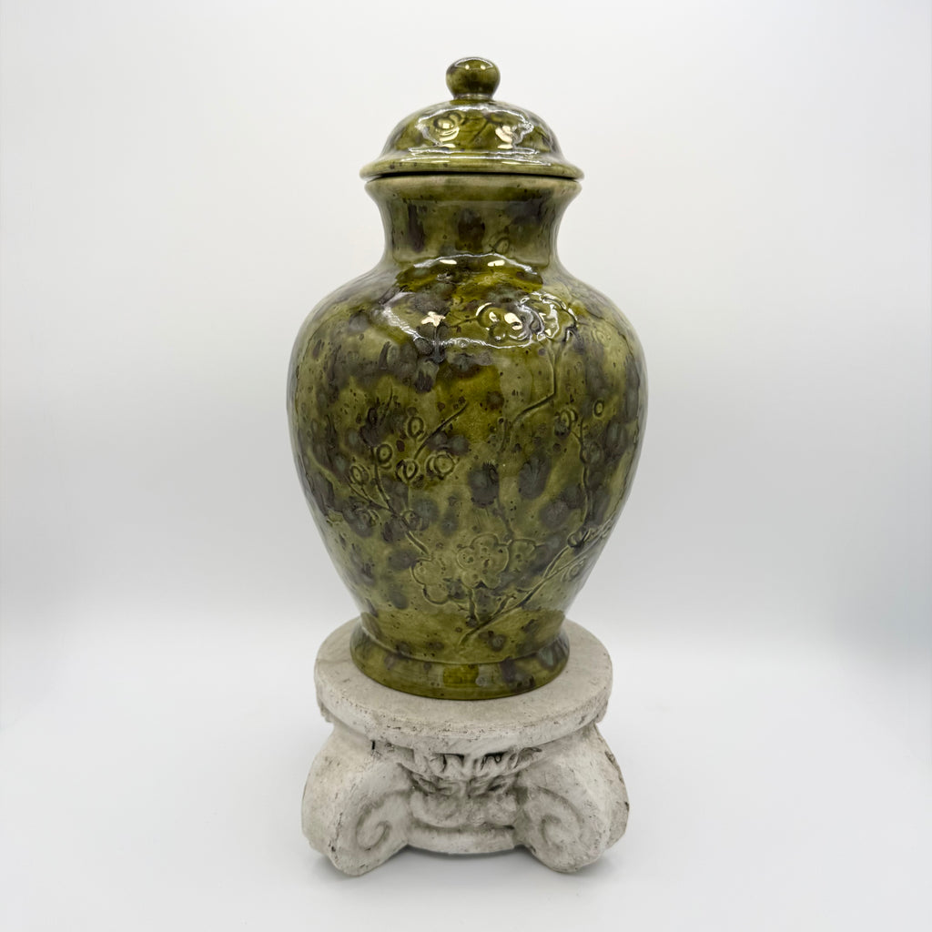 Studio Pottery Green Glazed Ceramic Ginger Jar Signed “BB” – Plum Blossom Motif