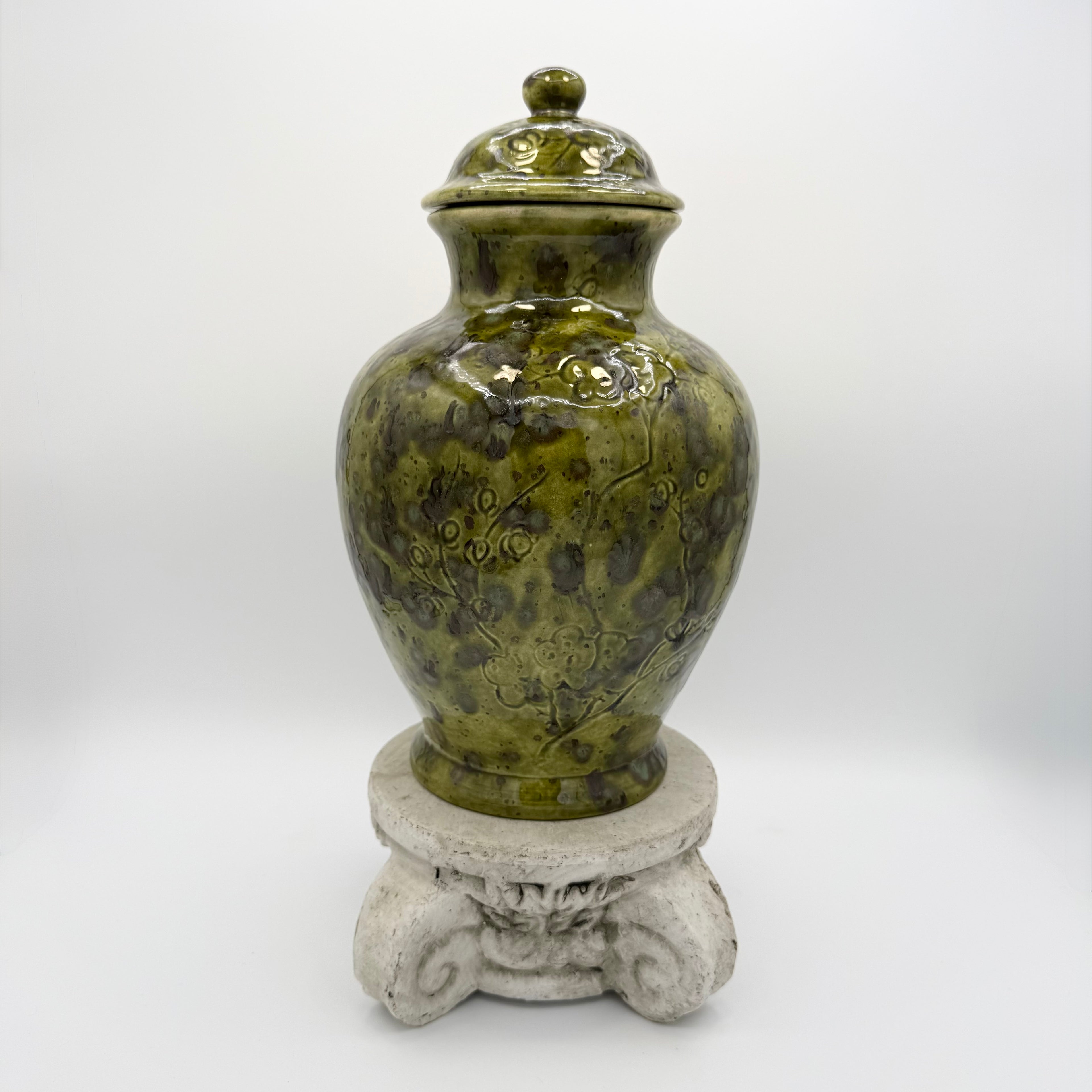 Studio Pottery Green Glazed Ceramic Ginger Jar Signed “BB” – Plum Blossom Motif