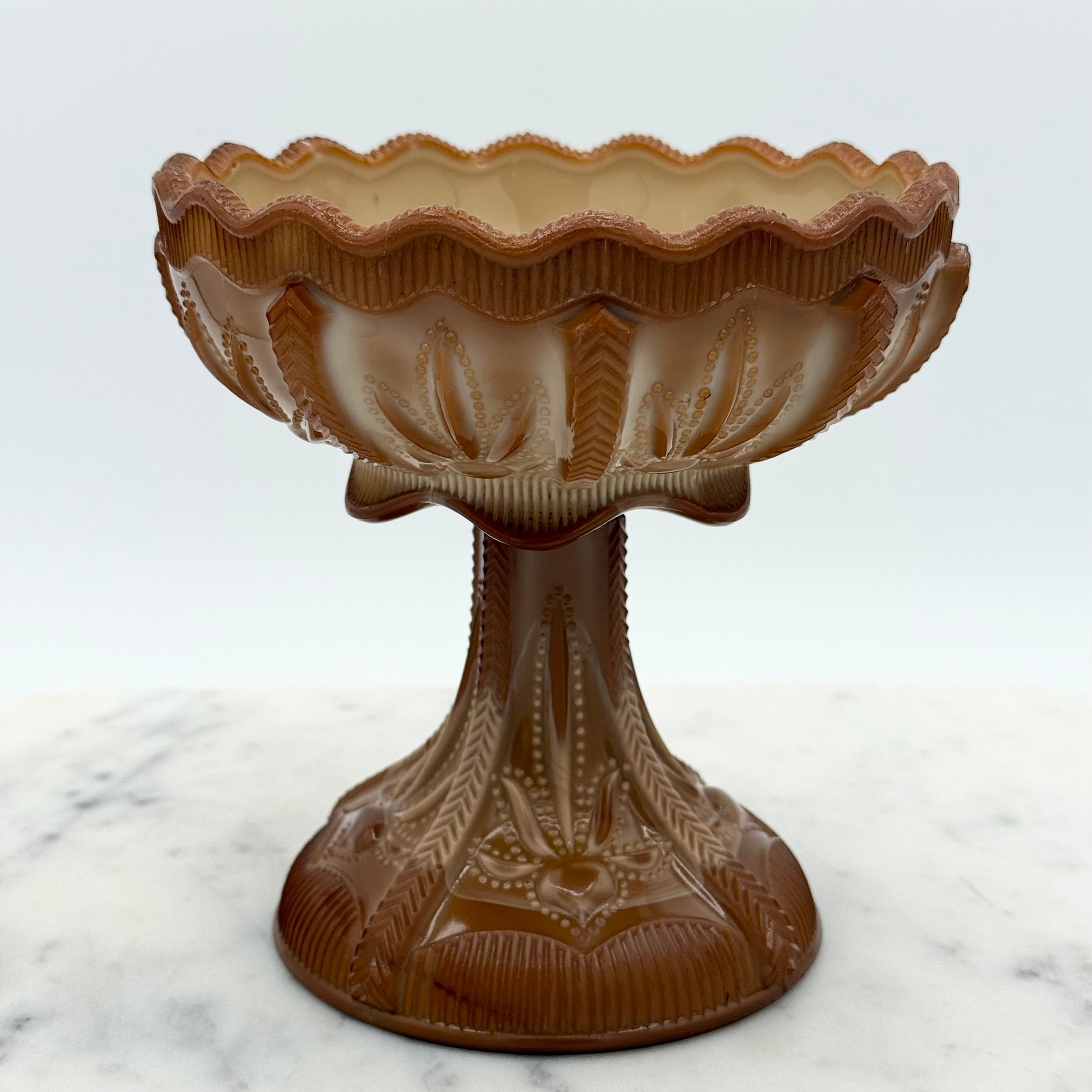 Antique Early American Pattern Glass Greentown Chocolate Glass Cactus Comport