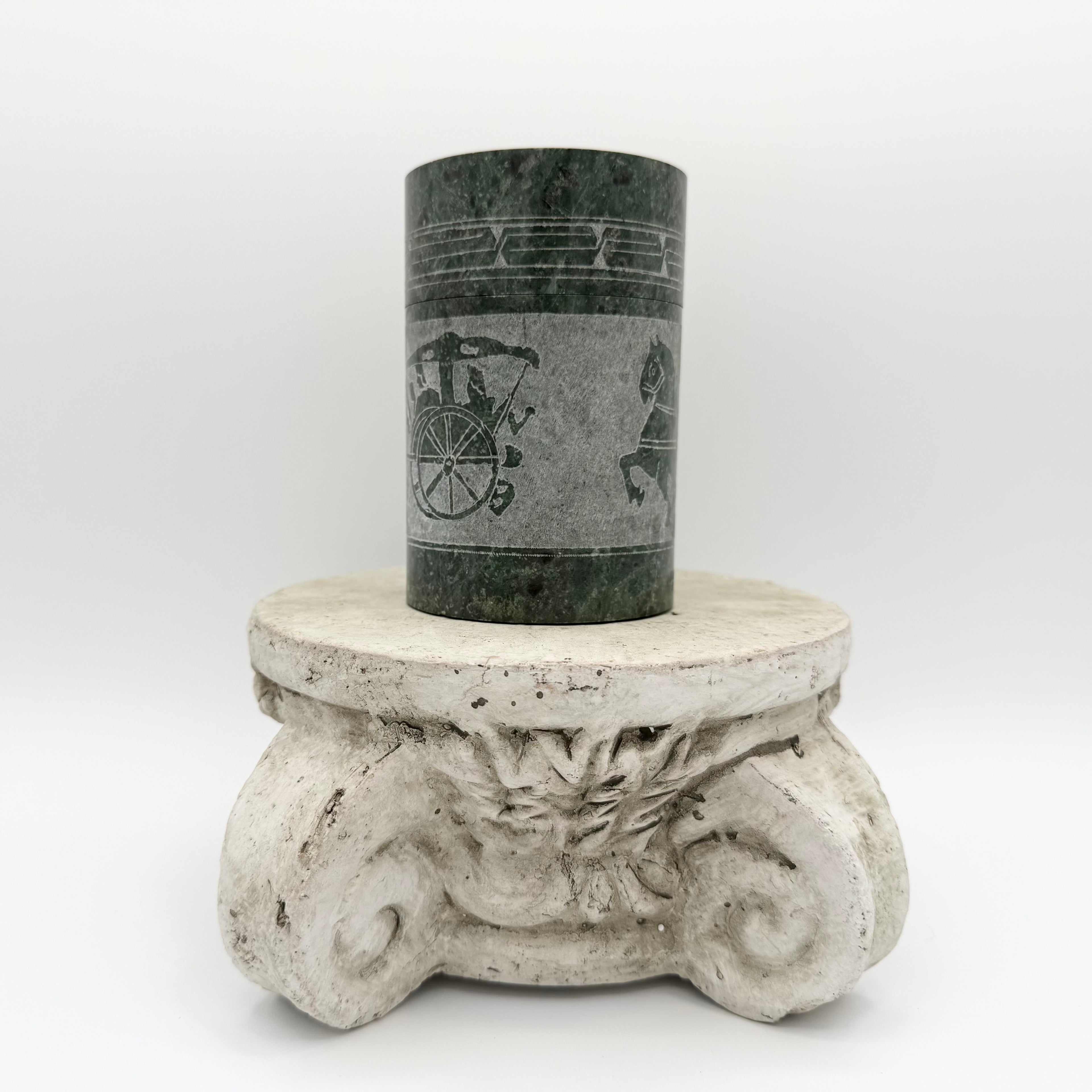 Green Marble Carved Jar With Horse and Chariot Motif