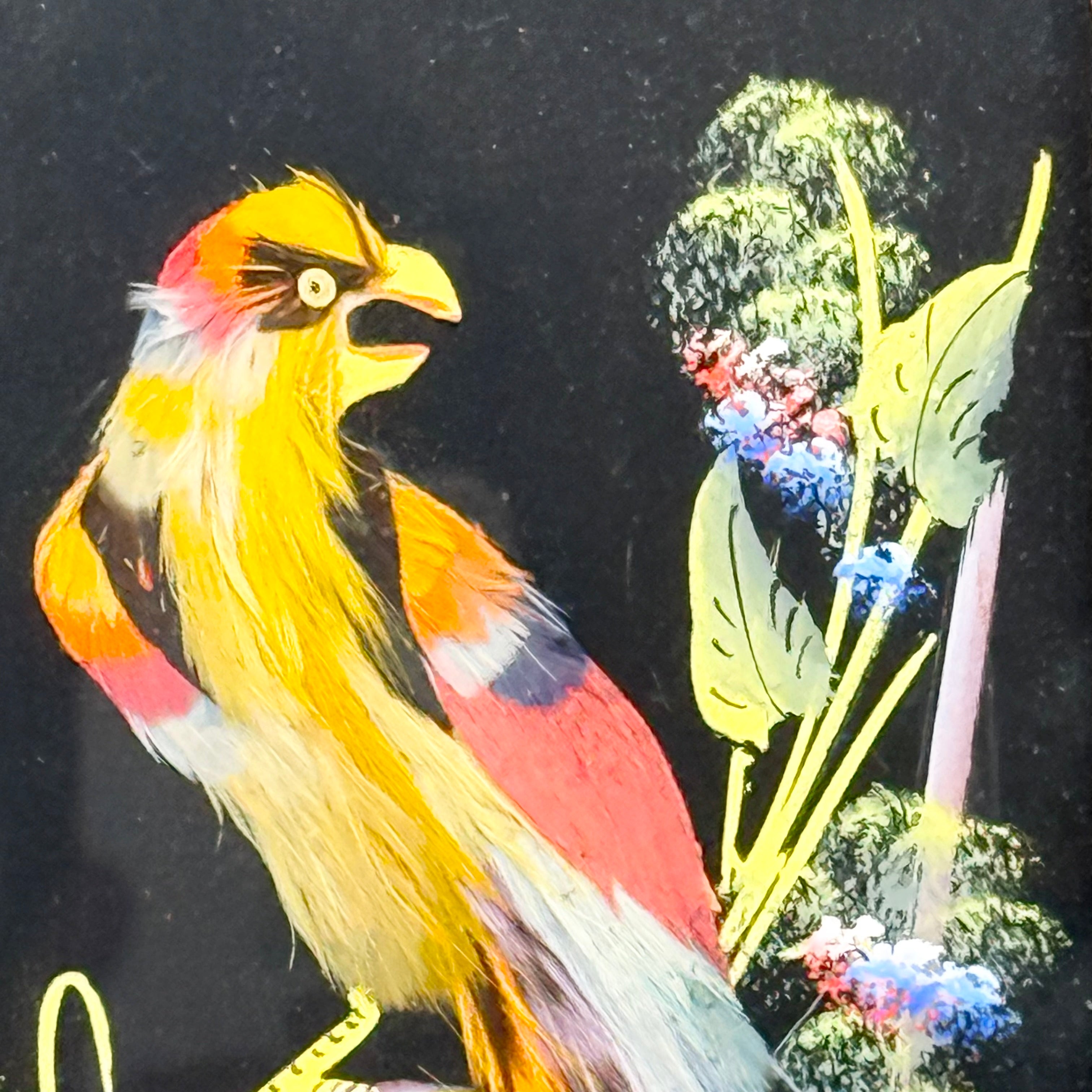 Vintage Mexican Feather Art Bird Picture In Ornate Wood Frames