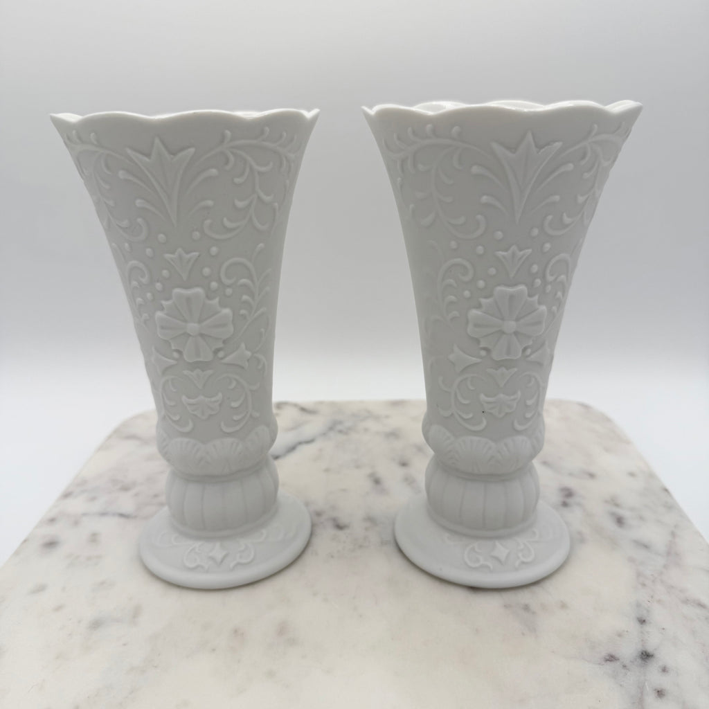 Bisque Porcelain Embossed Vases with Scalloped Edge, Set of 2