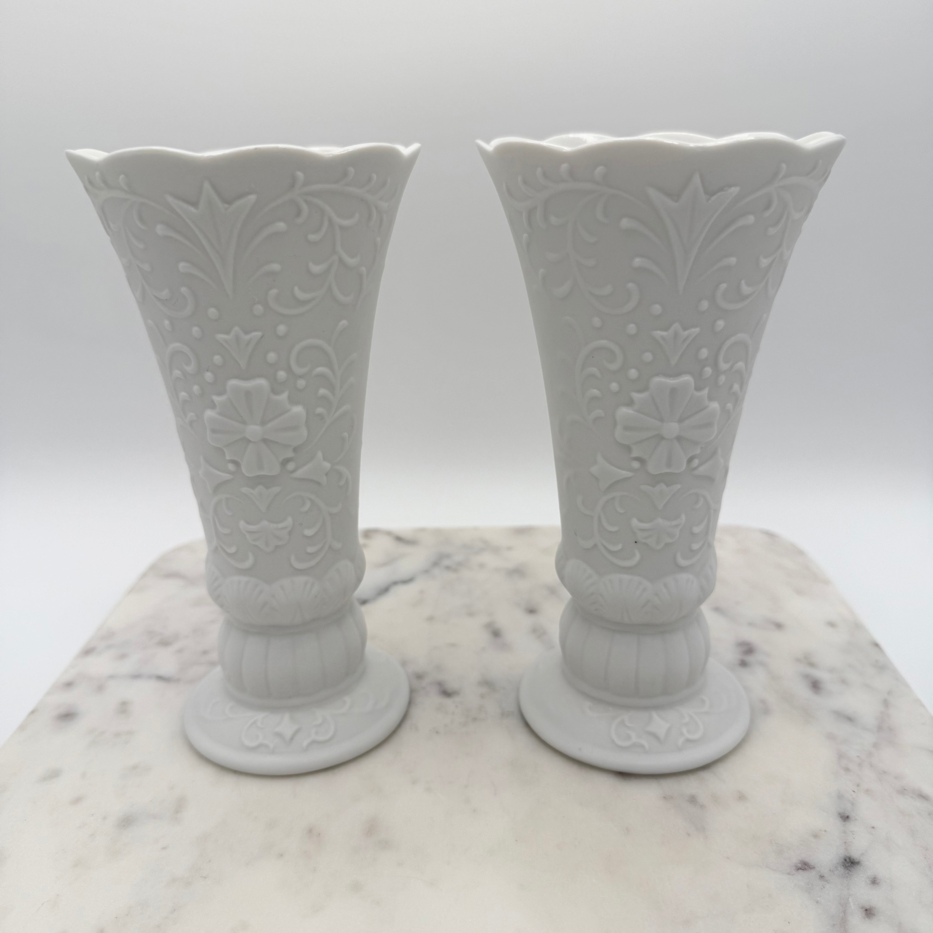 Bisque Porcelain Embossed Vases with Scalloped Edge, Set of 2