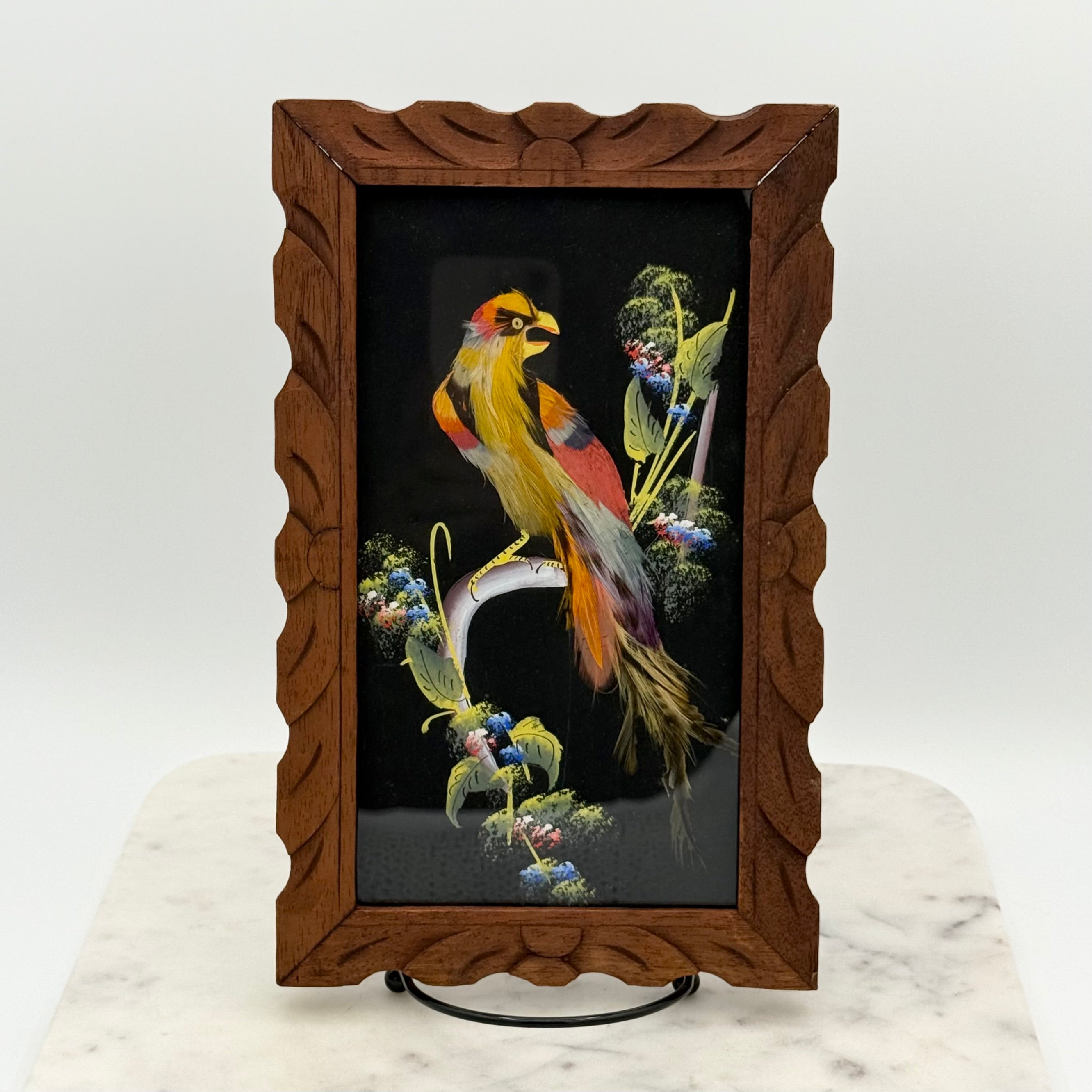 Vintage Mexican Feather Art Bird Picture In Ornate Wood Frames
