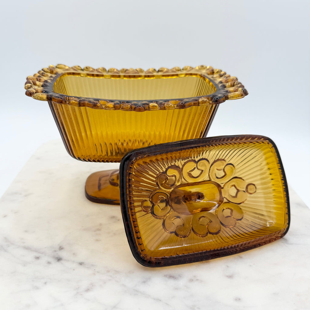 Vintage Indiana Glass Amber “Lace Edge” Lidded Pedestal Candy Dish